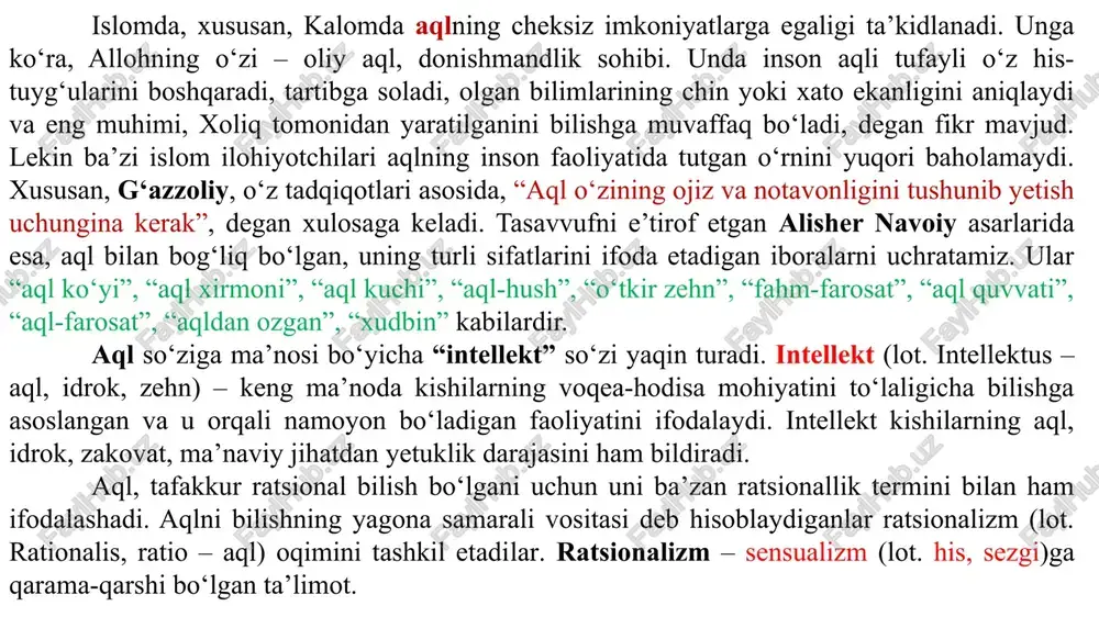 iqadigan turli jihatlarini, masalan, irodani, intuitsiyani , ongsizlikni bilishning muhim vositalari sifatida tavsiflaydi. irratsionalizm bilishning noaqliy (aqldan quyi yoki yuqori) bosqichlari mavjudligini tan oladi hamda ularning haqiqatni anglashdagi o‘rnini ochib berishga e’tibor qaratadi. aqliy mushohadaning yaratadigan mo‘jizasi, ayniqsa, to‘g‘ri fikrlashda, aql kuchini to‘g‘ri yo‘naltirishda namoyon bo‘ladi. o‘rnatilgan har bir ilmiy qonun, ilgari surilib, chinligi asoslangan har qanday g‘oya, yaratilgan barcha san’at asarlari aynan ana shu to‘g‘ri tafakkur, ya’ni fikrni mantiqan to‘g‘ri qurish natijasidir. ba’zi hollarda hissiy tajriba, ya’ni sezish, idrok etish, yaqqol tasavvur qilish natijalariga taya’nib xulosa chiqarish bilan cheklanadilar. vaholanki, hissiyot yakka predmetlarni, ularning mavjud holatini, harakati, o‘zaro ta’sirini qayd etish bilan cheklanadi. aql esa ularga xos o‘xshashlik, umumiylikni, muayyan sharoit mavjud bo‘lgan barcha hollarda uning takrorlanib turishini ilg‘aydi va shu asosda ularni ayrim sinflarga birlashtirib, ular bilan turli mantiqiy amallarni bajaradi, nazariy qurilmalarni yaratadi, masalan, o‘simliklar, hayvonlar sinflarini, makro-mikro-megadunyolarni bilish obyektlariga aylantiradi “kvant mexanikasi”, “elementar zarrachalar nazariyasi”, “zamonaviy …