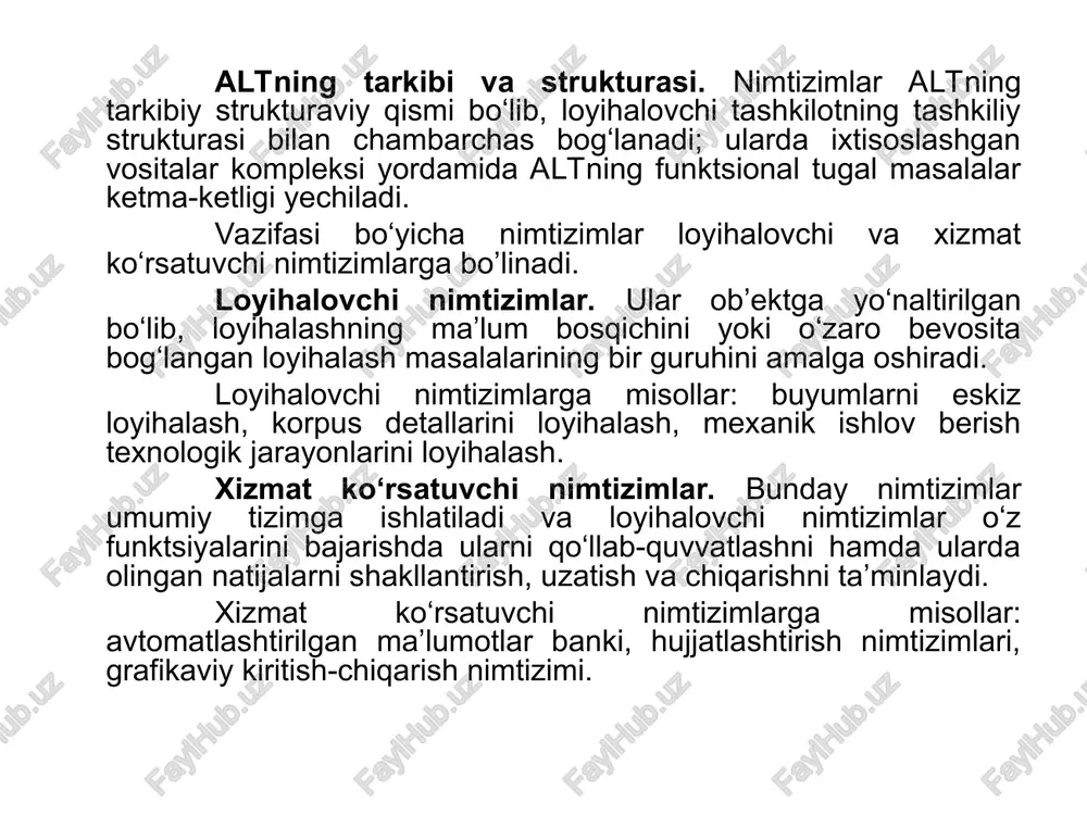 adi. moslashuvchan avtomatlashtirilgan ishlab chiqarish bilan bog‘lanish. mahsulotni avtomatlashtirilgan loyihalash konstruktorlik hujjatlarini va boshqaruv dasturlarini ishlab chiqish bilan yakunlanadi. loyihalashning yakuniy bosqichlarida texnologik o‘zgartirishlar va to‘ldirishlar kiritiladi. keyin namunaviy mahsulot tayyorlanadi va uni tahlil qilgandan so‘ng loyiha attestatsiyadan o‘tkaziladi (baholanadi). bu texnologik kompleks tarkibiga avtomatlashtirilgan ishlab chiqarish qatorini kiritish asosida amalga oshiriladi. attestatsiyadan o‘tgan boshqaruv dasturli axborot tashuvchilardan nusxalar olinadi va ular asosida shu qurilmalarni boshqa mahsulot ishlab chiqarish uchun qayta moslashtiriladi. ushbu ko‘rsatilgan jarayon moslashuvchi avtomatlashtirilgan ishlab chiqarishni amalga oshirishning asosiy sharti hisoblanadi. altning tizimli birligi bir-biri bilan o‘zaro bog‘langan modullarning mavjudligi hamda o‘zaro bog‘lanishni amalga oshiruvchi interfeyslar tizimi kompleksi bilan ta’minlanadi; modullar loyihalanadigan ob’yektni butunligicha belgilaydi. loyihalovchi nimtizimlar ichidagi tizimli birlik ushbu nimtizimda loyihaviy yechimi olinishi kerak bo‘lgan ob’yekt qismining yagona informatsion modeli mavjudligi bilan ta’minlanadi. amaliy masalalarda loyihalanadigan ob’ekt modellarini shakllantirish va ulardan foydalanish avtomatlashtirilgan loyihalash tizim (yoki nimtizim)lari vositalari kompleksi (altvk) bilan amalga oshiriladi. altvk tizimining …