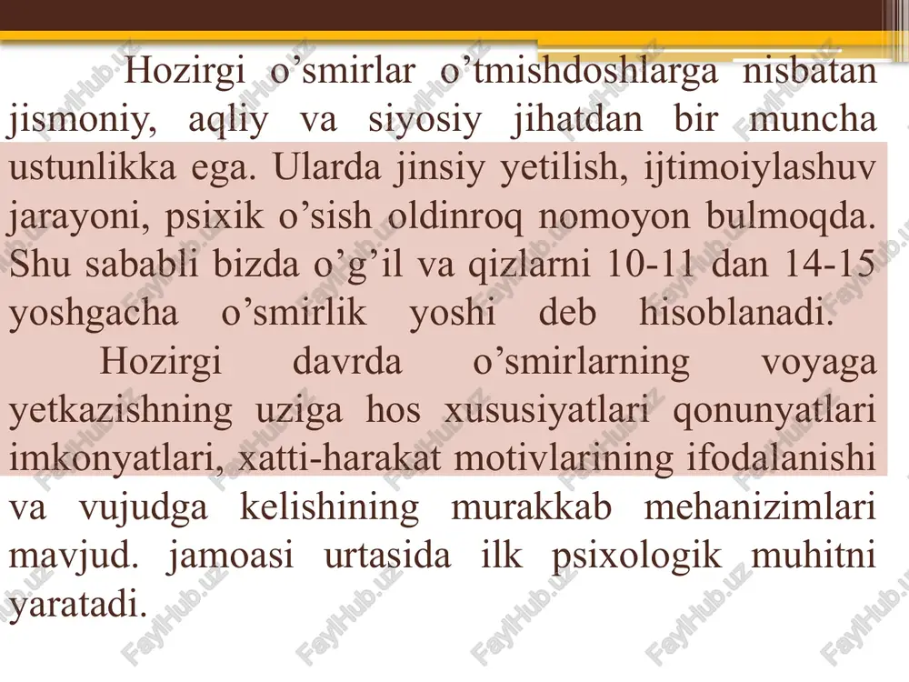 adi. ota-onasi va boshqa yaqinlari uni oziqlantiradi, kiyintiradi, tarbiyalaydi va bolani muntazam nazorat ostida tutadi. ular bolani har tomonlama qo`llab-quvvatlab turadilar va bola bunday qo`llab-quvvatlash, daldalarga muhtojlik his etib turadi. o`smirlik davrida esa bola o`z hayotini, xavfsizligini ta`minlash borasida nisbatan mustaqillikka erishadi. endi u o`zini-o`zi himoya qila olishi, lozim bo`lsa o`zi o`z imkoniyatlari darajasida mehnat qilib, yetarli darajada daromad qilishi, o`z ehtiyojlarini mustaqil ravishda o`zi qondira olishi mumkin bo`ladi. o`smirlik avtonomiyalaridan yana biri — emotsional avtonomiyadir. ma`lumki bola dunyoga kelgan ondan boshlab u onasi va atrofidagilarning emotsional, hissiy qo`llab-quvvatlashiga, mehr-muhabbatini namoyon qilishiga, erkalashiga ehtiyoj his qiladi. shuning uchun ham ilk bolalik yoshidagi, maktabgacha va kichik maktab yoshidagi bolalarni suyub, erkalab ularni quchib, boshini silab, yoqimli gaplar va muomala bilan ularga hissiy yaqinlik namoyon qilinsa, ular bundan quvonib, xursand bo`ladilar va erkalayotgan shaxsga nisbatan talpinadilar. buni yosh bolalarning onasiga suykalishi, ularning pinjiga suqilishi, ularga erkalanishi hollarida kuzatishimiz mumkin. shuningdek, bolalar o`z …