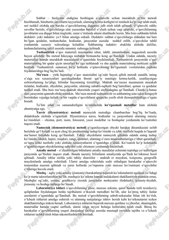 ariga to’xtalamiz. ta’lim metodlari tasnifi: an’anaviy (manbasiga ko’ra) ta’lim metodlari (e.i.golant, n.m.verzilin va bosh.) og’zaki ko’rgazmali amaliy kitob bilan ishlash video-metod hikoya suhbat tushuntirish ma’ruza munozara illyustratsiya demonstratsiya mashq amaliy laboratoriya didaktik o’yin o’qish o’rganish reja tuzish konspekt qilish ko’rish, o’rganish, nazorat qilish o’quvchilarning bilish faoliyati tavsifiga ko’ra ta’lim metodlari tasnifi (i.ya.lerner va m.n.skatkin). ta’lim metodining nomlanishi o’qituvchi faoliyati o’quvchi faoliyati axboriy-retseptiv o’quv axborotini uzatish, o’rganilayotgan ob’ekt bilan o’quvchi harakatini tashkil etish bilimlarni idrok etish, anglash va yodda saqlash. reproduktiv bilimlar hamda aqliy va faoliyat usullarini hosil qilishga doir topshiriqlarni tuzish va taqdim etish namuna asosida bilimlarni hamda aqliy va faoliyat usullarini egallash. muammoli bayon etish muammoni qo’yish va uni hal etish usullarini ochib berish topshiriqni idrok etish va uni qismlarga ajratish. topshiriq qismlarini mustaqil hal etish va o’z-o’zini nazorat qilish evristik (qisman-izlanish) muammoni qo’yish va uni hal etishga doir qadamlar ketma-ketligini rejalatirish. o’quvchilar faoliyatini boshqarish qo’yilgan vazifa bilan bog’liqlikda …