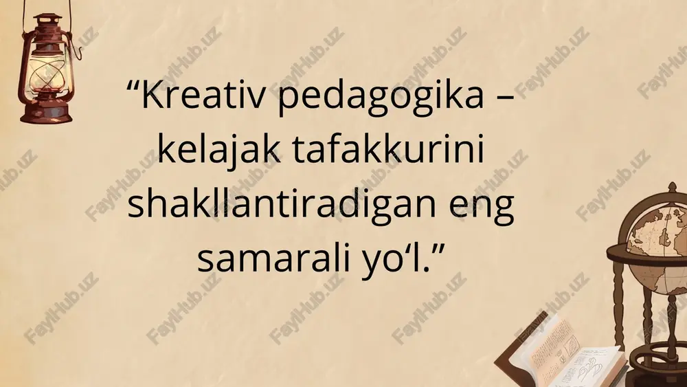 tish, g‘oyalarini qo‘llab-quvvatlash imkoniyati yaratiladi. faollik prinsipi o‘quvchilar dars jarayonida faol ishtirok etadi, passiv tinglovchi emas, balki faol yaratuvchi bo‘ladi. hamkorlik prinsipi o‘qituvchi va o‘quvchi o‘rtasida ijodiy hamkorlik va ishonchli muloqot shakllanadi. prinsip 4. multimedia vositalari video, animatsiya, taqdimotlar (powerpoint, prezi), audio darsliklar, podkastlar. didaktik vositalar kartochkalar, plakatlar, diagrammalar, klasterlar, mind-map (fikr xaritalari). interfaol vositalar kahoot, quizlet, mentimeter, onlayn testlar va gamifikatsiya dasturlari. ijodiy san’at vositalari bo‘yoq, rasm chizish materiallari, loy, teatr atributlari, musiqa asboblari. vosita 5. jodiy faoliyat turlarini kiritish rasm, musiqa, teatr, dizayn, loyihalash, konstruksiya qilish. interfaol o‘yinlar va gamifikatsiya elementlari. mustaqil o‘rganishga undash loyiha usuli, tadqiqot ishlari, guruhli va individual topshiriqlar. o‘quvchini bilim olish jarayonining faol ishtirokchisiga aylantirish. shaxsiy rivojlanishni qo‘llab-quvvatlash o‘quvchining qiziqishi, iste’dodi va qobiliyatiga mos mashg‘ulotlar. har bir shaxsning kreativ salohiyatini yuzaga chiqarish. mazmun 6. ijodiy fikrlash shakllanadi o‘quvchi muammolarga noodatiy yechim topa oladi, yangicha qarashlarni ilgari suradi. mustaqil ta’lim olish ko‘nikmalari rivojlanadi o‘quvchilar bilimni …