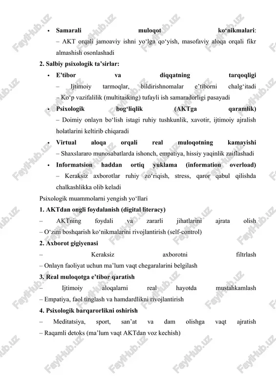 arning psixologik jihatlari axborot-kommunikatsiya texnologiyalarining jadal rivojlanishi natijasida dasturiy ta'minot va texnik vositalar zamonaviy inson hayotining ajralmas qismiga aylandi. ular o‘quv jarayonlarida, ishlab chiqarishda, boshqaruvda, hatto kundalik turmushda keng qo‘llaniladi. biroq bu vositalarning inson psixikasiga ko‘rsatadigan ta’siri ko‘pincha nazardan chetda qoladi. ushbu ma’ruzada biz dasturiy ta'minot va texnik vositalarning ilmiy, amaliy hamda psixologik ta’sirlarini keng tahlil qilamiz. dasturiy ta'minot va texnik vositalar: tushuncha va tasnifi 1. dasturiy ta'minot (software) bu — kompyuterlar va qurilmalarni boshqarish uchun yozilgan kod va dasturlar majmuasi. ular: · tizimli dasturlar (operatsion tizimlar: windows, linux, macos) · amaliy dasturlar (ms word, excel, autocad, spss, photoshop) · o‘quv dasturlari va platformalar (moodle, google classroom, duolingo) texnik vositalar (hardware) bu — dasturiy ta'minotni ishga tushiruvchi jismoniy qurilmalar: · kompyuterlar, noutbuklar, planshetlar · projektorlar, interaktiv doskalar · smartfonlar, serverlar, robototexnika uskunalari psixologik ta’sirlar: ijobiy va salbiy jihatlar a. ijobiy psixologik jihatlar 1. motivatsiyani oshiradi – raqamli qurilmalar orqali bilim …