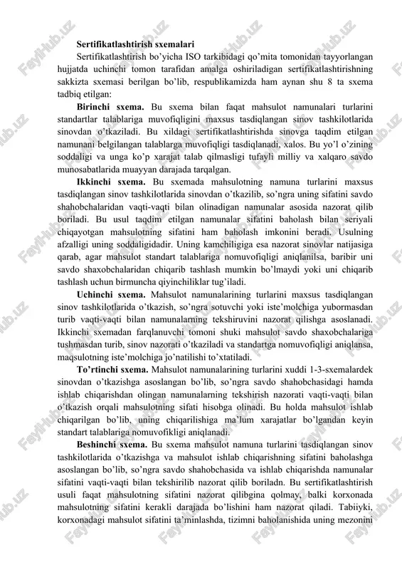 tlashtirish ishlab chiqaruvchilarning ishonchiga sazovor bo’lmoqda va shu sababli bunday yo’l keng qo’llanilib, salmoqli ravishda tarqalmoqda. turli mamlakatlarda uchinchi tomon tarafidan bajarilayotgan sertifikatlashtirish tizimini tashkil etish amalda shuni ko’rsatmoqdaki, uni turlicha tashkil qilish mumkin ekan: ishlab chiqaruvchi assotsiyatsiyalar, yirik iste’molchilar, standartlashtirish milliy tashkilotlari tomonidan, masalan, frantsiya va angliyada 60-yillar boshida ite’molchilar tomonidan harbiy maqsadlar uchun elektronika mahsulotlarini sertifikatlashtirish tizimi yaratildi. ayrim olingan mamlakat miqyosida yaratilgan milliy tizimlar majburiy bo’lgan standartlar doirasini qamrab oladi. masalan, birinchilar qatorida milliy miqyosida qimmatbaho toshlarni sertifikatlashtirish tizimlari qo’llanilgan. sertifikatlashtirish tushunchasi keng ma’noda uchinchi tomon tarafidan o’tkaziladigan texnikaviy me’yorga, ish uslubiga, qoidaga muvofiqligini qamrab olgan har qanday tekshiruvdir. shuning uchun sertifikatlashtirishni tekishruv deb hisoblab, bosim ostidagi idishlarni, portlash xavfidan himoyalangan qurilmalarning, kemalarning, suzish vositalarining, tayyoralarning, aviatsiya qurilmalarining, atom reaktorlarining va tog’ texnikasining ishlatishdagi xavfsizligini ta’minlash uchun texnikaviy nazorat o’rnatuvchi idoralar shartli tekshiruvni amalga oshiradi. sertifikatlashtirish sxemalari sertifikatlashtirish bo’yicha iso tarkibidagi qo’mita tomonidan tayyorlangan hujjatda uchinchi tomon …