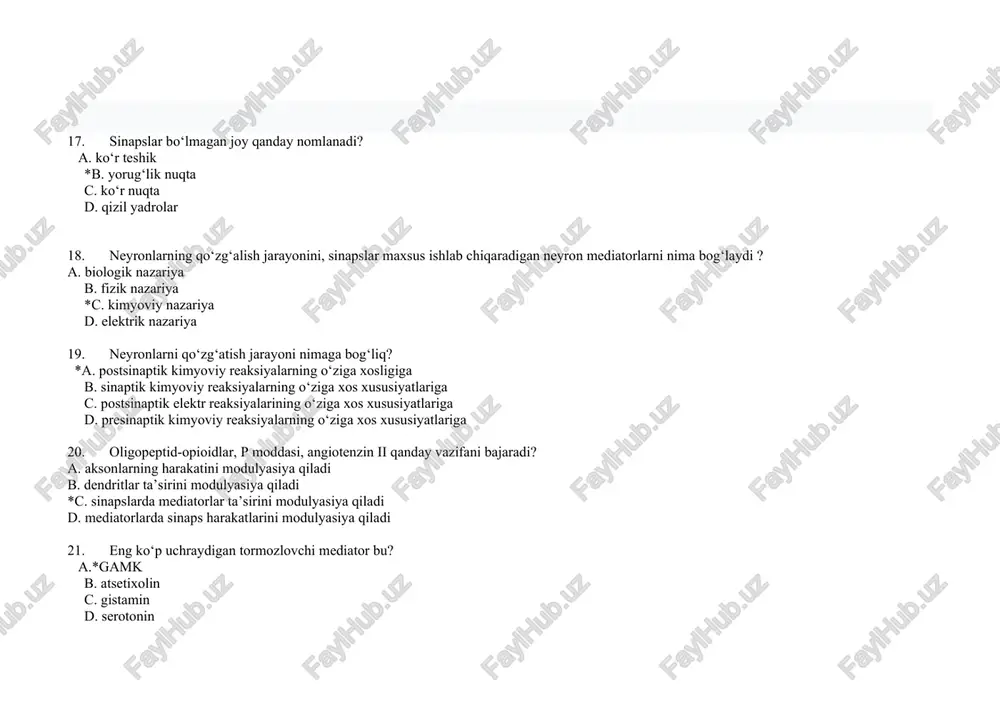 mushuk ishtaxasi ochiladi d. barcha mushaklarning qisqarishini keltirib chiqaradi 1. subordinatsiya- bu…? *a. pasta joylashgan markazlarning yo‘qorida joylashganlarga bo‘ysunishni anglatadi * b. tagidajoylashgan yuqori markazlarning subtitrini anglatadi c. boshqa markazni bir vaqtning o‘zidatormozlash bilan bir markazning hayajonlanishining paydo bo‘lishi d. boshqa markazning bir vaqtning o‘zidatormozlanishibilan boshqa markazning qo‘zg‘alishipaydobo‘lishi 1. reciproklik – bu…? a. ustma-ust joylashgan markazlarga bo‘ysinishni anglatadi b. tagida joylashgan yuqori markazlarning subtitrini anglatadi *c. bir markazda qo‘zg‘alishining paydo bo‘lishi bir vaqtning o‘zida boshqa markazda tormozlanish paydo bo‘lishi d. boshqa markazning bir vaqtning o‘zidatormozlanishibilan boshqa markazning qo‘zg‘alishi paydo bo‘lishi 1. nerv markazlarining plastikligi bu … ? *a. faoliyat samaradorligini oshirish uchun ularning faoliyatini qaytaqurish b. reflektor xususiyatiga ega va markazdan impulslarni ko‘taruvchi effektor nervlarida fon faoliyati mavjudligibilan namayon bo‘ladi c. qo‘zg‘aluvchanliklarning asab markazining neyronlari orqali tarqalishining muhim vaqti bilan belgilanadi d. boshqa markazning bir vaqtning o‘zidatormozlanishibilan boshqa markazning qo‘zg‘alishi paydo bo‘lishi 1. nerv markazlarining tonusi bu …-? a. faoliyat …