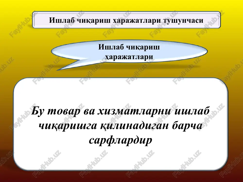 ish, operativ, moliyaviy va boshqa faoliyatida yuzaga keladigan xarajatlar turlari: 1. mahsulot tannarxiga kiritiladigan xarajatlar. 2. davr xarajatlari. 3. moliyaviy faoliyat buyicha xarajatlar. 4. favkulodda zararlar. mahsulotni ishlab chiqarish jarayonida ishtirok etib, uning tannarxiga kiritiladigan xarajatlar ishlab chiqarish xarajatlari deb yuritiladi. ular: 1.1. ishlab chiqarishning moddiy xarajatlari. 1.2. ishlab chikarish xususiyatiga ega bo'lgan mehnatga haq to'lash xarajatlari. 1.3. ishlab chiqarishga tegishli bo'lgan ijtimoiy sug'urtaga ajratmalar. 1.4. asosiy vositalar va nomoddiy aktivlar amortizatsiyasi. 1.5. ishlab chiqarish tusidagi boshqa xarajatlar. 1. ishlab chikarish xarajatlari: mahsulot tannarxini hisoblashda xarajat elementlari ishlab chiqarishga oid mehnatga haq to'lash xarajatlari ishlab chiqarishga tegishli ijtimoiy sug'urtaga ajratma xom-ashyo va asosiy materiallar sotib olingan butlovchi qismlar va yarimfabrikatlar texnologik maqsadlar uchun ishlatilgan yoqilg'i va energiya ishlab chiqarish xarakteridagi ish va xizmatlar moddiy qiymatliklar kamomadi va mahsulotlarning buzilishidan ko'rilgan zararlar ishlab chiqarish tusidagi boshqa xarajatlar asosiy vositalar va nomoddiy aktivlar amortizatsiyasi bevosita va bilvosita xarajat moddalarining tannarxga ta'siri xarajat …