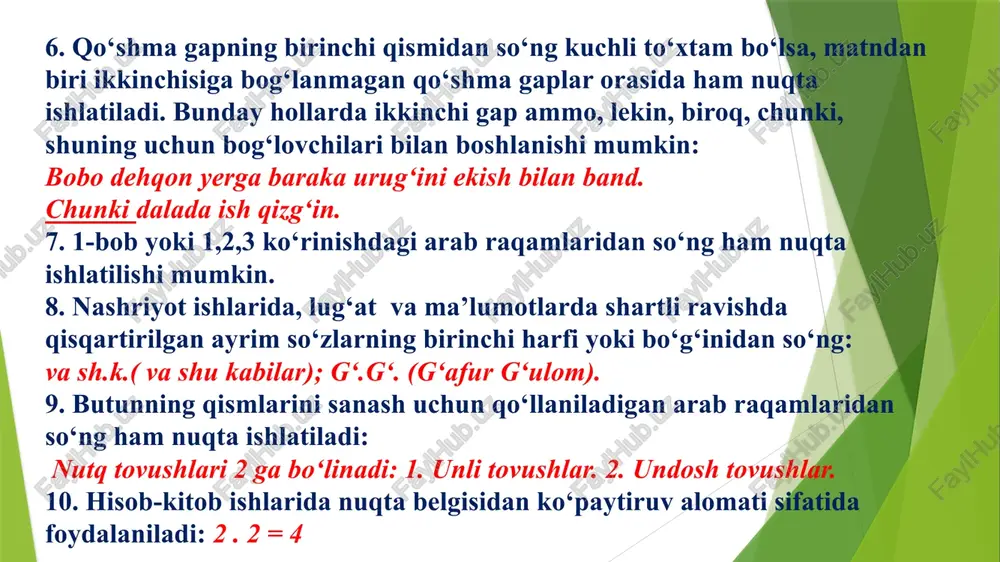 k otgandi; yo‘l yoqasidagi daraxtlar yaproqchalar chiqargan, dengiz tomondan shabada esib qolgandi. vii. ikki nuqta quyidagi o‘rinlarda qo‘yiladi: 1. uyushiq bo‘laklardan oldin kelgan umumlashtiruvchi so‘zdan keyin: ziyofatga hirotning eng ilg‘or kishilari: olimlar, shoirlar, hofizlar, mashshoqlar, xattotlar, mashhur hunarmandlar, muqovasozlar va egarsozlar to‘planishgan edi. eslatma: ba’zan umumlashtiruvchi so‘z yashirinishi mumkin, lekin ikki nuqta qo‘yilaveradi: qilinishi kerak: traktorlar ta’mirdan chiqarilsin, ishchilarga yetarli sharoit yaratilsin. 2. quyidagi ma’nolarni ifodalagan bog‘lovchisiz qo‘shma gaplarda: 1) bir gap ikkinchi bir gapdan anglashilgan ish-harakatning sababini ko‘rsatsa: u ichkariga shoshilib kirib ketdi: telefon anchadan beri jiringlayotgan ekan. 2) bir gap ikkinchi bir gapdan anglashilgan ish-harakatning natijasini ko‘rsatsa: shamol juda zo‘raydi: daraxtlarning ancha-munchasi sinib tushdi. 3) agar biror gap boshqa bir gapning mazmunini to‘ldirsa yoki izohlasa: vazifangiz shu: bironta odam bu xonaga kiritilmasligi kerak. 3. ko‘chirma gapdan oldin, muallif gapidan so‘ng: u baland ovozda so‘radi: - kim bor? viii. tire quyidagi o‘rinlarda qo‘yiladi: 1. ega bilan kesim orasida: a) …