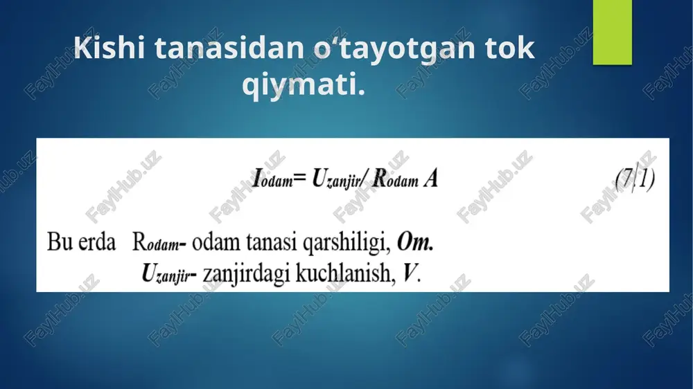 ta bo‘lgan erlarda bir erdan ( masalan transformatorda) nol simni erga ulab boshqa barcha mashinalarni shu nol simiga ulash qulayroqdir (7.1-rasm). 7.2-rasm. himoyalash uchun nolga ulash sxemasi. himoyalash uchun uzib qo‘yish bu elektr uskunalarida kishini tok urish havfi paydo bo‘lganda avtomatik ravishda o‘chirib qo‘yish tizimiidir (7.2-rasm). 7.3-rasm. himoyalash uchun uzib qo‘yish sxemasi. elektr uskunalarini boshqaruvchi ishchini elektr toki urishidan himoya qilish uchun quyidagi vositalar va asboblar qo‘llanadi (7.3-rasm): 1. ixotalovchi- kishini tok o‘tayotgan qismlardan to‘sadi, ixotalaydi. masalan: dielektrik qo‘lqoplar, kalishlar, botilar, rezina gilamlar, poyondozlar, tagliklar, shtanga va qisqichlar dastagi tok o‘tkazmaydigan qilib ishlangan asboblar. 2. kuchlanish ko‘rsatkichlar. 3. ko‘chma va vaqtinchalik erga ulovchilar, to‘sqichlar va ogohlantiruvchi plakatlar. 4. himoyalovchi vositalar: ko‘zoynaklar, gazniqoblar, raspiratorlar va h.k. 5. balandda ishlash mo‘ljallangan moslamalar, stremyaka narvonlar, monterlar tirnoqlari (oyoqqa bog‘lab stolbaga chiqadigan asbob), monter kamarlari va h.k. 8.4-rasm. tok urishidan himoya qilish uchun vosita va asboblar. image6.png image7.png image8.png image9.png image10.png image11.png image2.png image3.png …