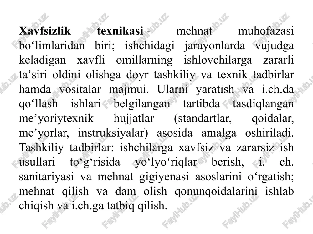 o’zaro munosabati shaxs va jamiyat qonuniyatlarini singdirgan xolda) har kungi faoliyatida va ekstremal xolatdagi o’zaro munosabatlari e‘tiborni qamrab oladi. madaniyat – turli xil namoyon qilinishi bo’yicha – ko’pgina konkret fanlarning obekti va predmeti bo’lib, har biri o’z tasavvuriga qarab alohida talqin qiladi. madaniyatni mazmuniy elementlari jamiyatning ma‘naviy hayoti hisoblanadigan odatlar, meyorlar, boyliklar, ma‘no va mazmunlardir. shuning uchun xavfsizlik madaniyatida nafaqat bilim va ko’nikmalar, balki odatlar, meyorlar, boyliklar, ma‘no va mazmunlar ham bo’lishi kerak. madaniyatning o’zagini umuminsoniy maqsad va qadriyatlar, hamda tarixan mavjud usullar orqali ularni zehn va yutuqlari tashkil etadi. xavfsizlik madaniyatida bunday maqsad va qadriyatlarga hayotiy (sog’liq, xavfsizlik, farovonlik, to’qlik, komfort va b), ijtimoiy (tavakkalga moillik, xususiy mustaqillik, hayotiy muvaffaqiyatlar va b), siyosiy (ozodlik, qonunchilik va b), ma‘naviy (ezgulik, xaqqoniylik, o’zaro yordam va b), diniy (xudoiy qonunlar, najot, farovonlik va b), estetik (ideal, uyg’unlik, mukammallik, ya‘ni xavfsiz odam yuksak qadriyatga, uyg’unlik, mukammallikka nisbatan xashaki odamga ko’ra yaqin) xossalar kiradi. …