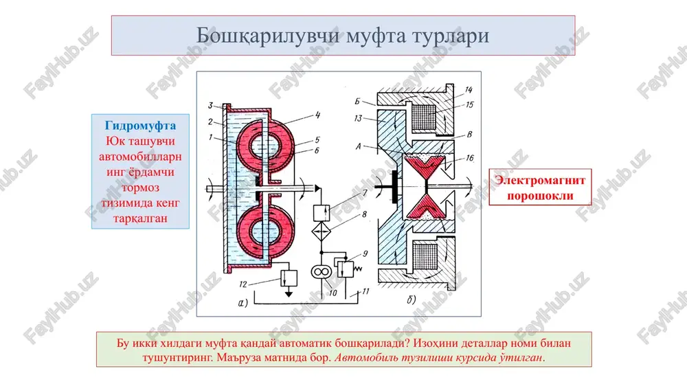 . ilashish muftasi pnevmokuchaytirgichi a – sxemasi; b - xarakteristikasi pnevmo kuchaytirgichni ishlashini tushuntiring ushbu kuchaytirgich pnevmo-mexanik avtomat boshqaruv tuzilmasiga kiradi. ilashish muftasini elektron boshqaruv tizimi sxemasi (alpina shift-tronic, sistema luk gs) ilashish muftasini elektron boshqaruv tizimi sxemasi (alpina shift-tronic, sistema luk gs) avtomat boshqarishni tushuntiring nazorat savollari ilashish muftasi boshqaruvini avtomatlashtirishdan maqsad nima? ilashish muftasini avtomat boshqaruviga qaneday talablar qo'yiladi? ilashuvchi yuzalar shataksirashi davomiyligi qanday aniqlanadi? ilashish yuzalari orasidagi shataksirash qachon yo'qoladi? shataksirash davridagi shataksirash ishi qanday oqibatlarga olib keladi. ilashish muftasini avtomat boshqarish qanday signallar asosida tashkil etiladi? ilashish muftasi markazdan qochma kuchga asoslangan avtomat boshqaruv tizimi ishlashini tushuntiring. gidromuftali avtomat boshqaruv tizimi ishlashini tushuntiring. elektromagnitli mufta avtomat boshqaruv tizimi ishlashini tushuntiring. image1.jpeg image2.png image3.jpeg image4.emf image5.emf image6.emf image7.jpeg image8.png image9.png image10.png image11.png image12.png image13.emf image14.jpeg image15.png image16.jpg /docprops/thumbnail.jpeg