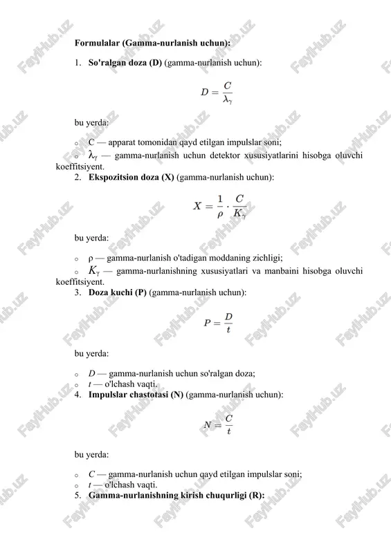 kirish chuqurligi (r): bu yerda: · e — gamma-nurlanish energiyasi; · μγ — gamma-nurlanishning materialdagi yutilish koeffitsiyenti. 6. korreksiya koeffitsiyenti (kc) (gamma-nurlanish uchun): bu yerda: · xsr — gamma-nurlanish uchun o'rtacha ekspozitsion doza; · xn — gamma-nurlanish uchun nominal doza. 7. gamma-nurlanish manbaidan masofa (r): bu yerda: · iγ — gamma-nurlanish intensivligi. 8. radyatsiya darajasi (l) gamma-nurlanish uchun: bu yerda: · iγ — gamma-nurlanish intensivligi; · s — gamma-nurlanish tarqaladigan maydon. variant 1 2 3 4 5 6 dozimetr o’lchaganda 450 impulsni 460 impulsni 480 impulsni 490 impulsni 470 impulsni 500 impulsni gamma-nurlanish uchun detektor xususiyatlarini hisobga oluvchi koeffitsiyent λγ=0.04 λγ=0.045 λγ=0.048 λγ=0.049 λγ=0.047 λγ=0.046 nurlanish o'tadigan materialning zichligi ρ=1.5g/sm3 ρ=1.5g/sm3 ρ=1.5g/sm3 ρ=1.5g/sm3 ρ=1.5g/sm3 ρ=1.5g/sm3 gamma-nurlanish uchun koeffitsiyent kγ=0.03 kγ=0.02 kγ=0.03 kγ=0.02 kγ=0.03 kγ=0.02 gamma-nurlanish energiyasi e=1.2mev e=1.2mev e=1.2mev e=1.2mev e=1.2mev e=1.2mev gamma-nurlanishning materialdagi yutilish koeffitsiyenti μγ = 0.1 μγ = 0.15 μγ = 0.1 μγ = 0.15 μγ = …