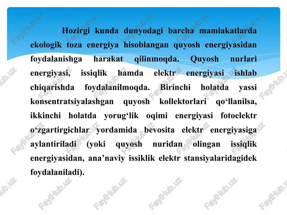 a 10 ta bitim imzolanadi — energetika vazirligi xususan, buxoro, namangan, xorazm, qashqadaryo, farg‘ona va boshqa viloyatlarda umumiy quvvati 1900 mvt bo‘lgan 8 ta quyosh fotoelektr stansiyalari, qoraqalpog‘iston respublikasida esa umumiy quvvati 1700 mvt bo‘lgan shamol elektr stansiyalarini qurish uchun loyiha bitimlari imzolanishi rejalashtirilgan. 2022-yilda quyosh va shamol elektr stansiyalarini qurish bo‘yicha 10 ta bitim imzolanadi 2023-yilda samarqand, jizzax, navoiy va surxondaryo viloyatlarida umumiy quvvati 1097 mvt bo‘lgan 4 ta quyosh fotoelektr stansiyalari 2021-yilning avgust oyida navoiy viloyatining karmana tumanida birinchi 100 mvt quvvatli quyosh fotoelektr stansiyasi ishga tushirildi. shu bilan birga, 2022-yil i choragida samarqand viloyati nurobod tumanida ikkinchi 100 mvt quvvatli yirik quyosh fotoelektr stansiyasini ishga tushirilishi rejalashtirilgan. image2.jpeg image3.png image4.png image5.png image6.png image7.png image8.png image9.png /docprops/thumbnail.jpeg