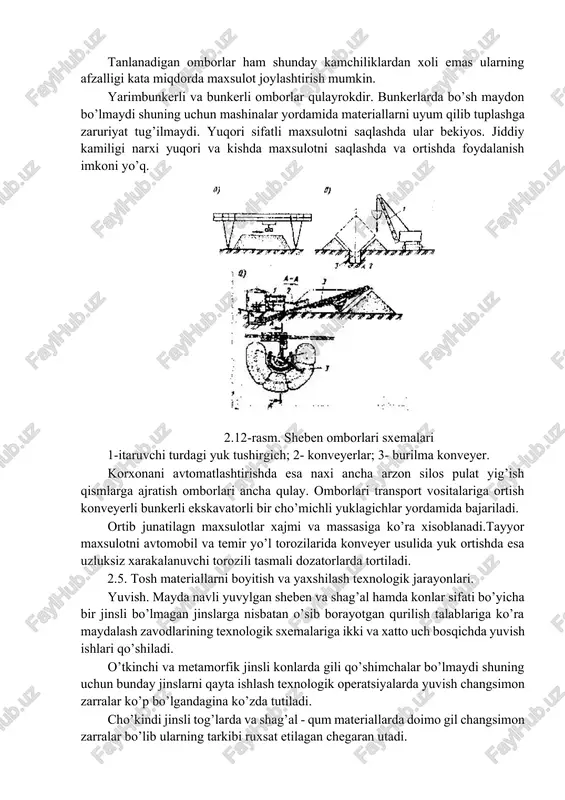egretsiya - materialni joyidan qo’zg’atish va tashib olib ketishda buldozerdan foydalanish ekskavatorda ag’darish omborning asos qismida qattiq qoplama yo’qligi) bu kamchilikka yo’l qo’ymaslik uchun buldozer ishlatilmaydi ekskavator o’rniga pnevmo xarakatlanuvchi bir cho’michli yuklagichlardan foydalaniladi. tanlanadigan omborlar ham shunday kamchiliklardan xoli emas ularning afzalligi kata miqdorda maxsulot joylashtirish mumkin. yarimbunkerli va bunkerli omborlar qulayrokdir. bunkerlarda bo’sh maydon bo’lmaydi shuning uchun mashinalar yordamida materiallarni uyum qilib tuplashga zaruriyat tug’ilmaydi. yuqori sifatli maxsulotni saqlashda ular bekiyos. jiddiy kamiligi narxi yuqori va kishda maxsulotni saqlashda va ortishda foydalanish imkoni yo’q. 2.12-rasm. sheben omborlari sxemalari 1-itaruvchi turdagi yuk tushirgich; 2- konveyerlar; 3- burilma konveyer. korxonani avtomatlashtirishda esa naxi ancha arzon silos pulat yig’ish qismlarga ajratish omborlari ancha qulay. omborlari transport vositalariga ortish konveyerli bunkerli ekskavatorli bir cho’michli yuklagichlar yordamida bajariladi. ortib junatilagn maxsulotlar xajmi va massasiga ko’ra xisoblanadi.tayyor maxsulotni avtomobil va temir yo’l torozilarida konveyer usulida yuk ortishda esa uzluksiz xarakalanuvchi torozili tasmali dozatorlarda tortiladi. …