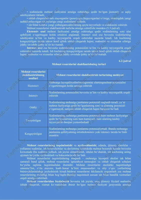 fat ko‘rsatkichlari jamlanmasi mehnat salohiyatini tashkil etadi. mehnat resurslari quyidagi xususiyatlarga egadir: 1. ular ish beruvchi bilan ajralmas yaxlitlikda, ana shu xodimlarga ish haqi ko‘rinishida quyidagicha daromad keltiradi: mehnat foliyati+ bilim, tajriba, malaka = daromad. 2. agar xodimlarning mehnat qobliyatidan uzoq vaqt davomida foydalanilmasa, vaqt o‘tishi sari ularning mehnati samaradorligi pasaya boshlaydi. mehnat qobiliyati – bu birorfaoliyatni amalga oshirish ko‘nikmasidir. vaqt o‘tishi bilan nazariy bilimlar yoddan chiqadi va eskiradi, tajriba ham yo‘qoladi. mehnat qobiliyatini yo‘qotmaslik uchun undan muttasil foydalanish bilan birga bu salohiyatni yanada oshirish uchunyangi bilimlarni egallash, tajribani oshirish talab qilinadi. mehnat resurslarining quyidagi toifalari farqlanadi: • ishchilar – ular ishlab chiqarishda bevosita mahsulot tayyorlash va iste’molchilarga yetkazib berishda ishtirok etayotgan, shuningdek mashina–uskunalarni sozlash, ta’mirlash va hokazolar bilan shug‘ullanadiganxodimlardir; • mutaxassislar – muayyan ixtisoslikka ega va shu sohada ishlab chiqarishda mehnat jarayoninnitashkil etuvchilardir; • rahbarlar– xodimlar mehnat faoliyatini uyushtiradigan ishlab chiqarish tashkilotchilaridir. mehnat resurslari(ularning eltuvchisi hisoblangan xodimlar) o‘z shaxsiy …