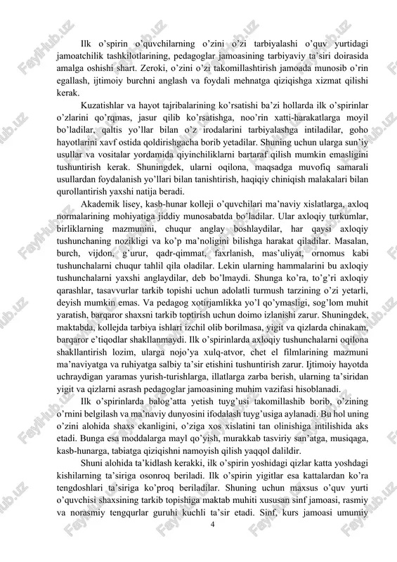 yondashadi, chunonchi “o’zim tanlagan mutaxassislikka yaroqlimanmi?” “jonajon respublikamga, ota-onamga munosib farzand bo’la olamanmi?” “jamiyatning taraqqiyotiga o’z ulushimni qo’sha olamanmi?” degan savollarga javob qidiradi. shuni alohida ta’kidlash kerakki, o’quvchida o’zining fazilati to’g’risida yaqqol tasavvur hosil qilish uchun o’qituvchiga unga juda ustalik, bilimdonlik, ziyraklik bilan yordam berishi lozim. u o’zining do’stona, iliq munosabati bilan sinf jamoasi a’zolari e’tiborida ishonch, obro’ qozonishi uchun har bir mulohazasida pedagogik-psixologik nazokatga rioya qilsa yigit va qizlarda ham o’z kuchiga, imkoniyatiga, qobiliyatiga, fahm-farosatiga ishonch hissini paydo qiladi. ularda ustozga chuqur hurmat, minnatdorchilik tuyg’ulari uyg’onadi. ilk o’spirin o’quvchida o’zini anglash negizida o’zini o’zi tarbiyalash istagi tug’iladi va bu ishning vositalarini topish, ularni kundalik turmushga tatbiq qilish ehtiyoji vujudga keladi. lekin o’zlarining o’zini o’zi tarbiyalashi psixologiyasidagi mavjud nuqsonlarga barham berish, ijobiy xislatlarni shakllantirish bilan kifoyalanib qolmay, ularni kattalarga xos ko’p qirrali umumlashgan idealga mos ravishda tarkib toptirishiga yo’naltirilgan bo’ladi. ilk o’spirinlik davrida o’quvchilar o’zlarida eng qimmatli fazilatlarni, o’quv va …