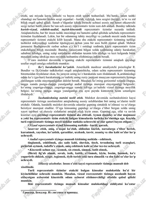 » insonning o’z ustida ishlashi, o’zi uchun uta muxim ko’ringan xislatni mustakil tarzda rivojlantirishi uchun imkoniyat yaratadi. ushbu satrlarni yoza turib beixtiyor bir xodisa esga tushadi. ustoz-psixologlardan biri «... men xayotda iloji boricha sangvinikday bo‘lishga intilaman, barcha xatti- harakatimni bu temperament tipiga muvofiklashtirib yashayman», deb ta’kidlardi. xdkikatan, uning ish uslubi va odamlar orasidagi harakati ko‘p yillik o‘z-o‘zini tarbiyalash qanchalik muvaffakiyatli natijaga olib kelganining yakkol dalili edi. ammo, shunday vaziyatlar bulardiki, ustoz uyda tanxo kolishni, utmishdagi rasmlarni tomosha qilishni, ya’ni asl melanxoliklikka kaytishni «sofinib» kolardi. garchi ijodda, insoniy munosabatlarda va mehnat faoliyatida u sangvinikday tez va shijoatli bo‘lsada, lekin uning asl temperamenti serkatnov kuchani kesib utayotgandagi ishonchsizlikda va kaltis vaziyatlardagi ikkilanishda yakkol ko’zga tashlanardi. shaxs temperamenti tipologiyasini bilish mehnat jarayonini okilona tarzda tashkil etish, mavjud vazifalarni xodimlar imkoniyati va xususiyatiga binoan taksimlash, jamodagi soflom muxitni saqlash imkonini yaratadi. masalan, muloxaza asosida ish yuritishga sangvinik va flegmatik tiplari tabiatan moyillar. xolerik yoki …
