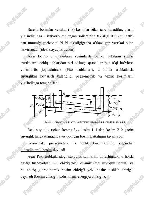 ga ega bo'lamiz. uni integrallasak gzqsonst bo'ladi. bu esa gorizontal tekislikning tenglamasidir. shunday qilib, tinch turgan suyuqliklar uchun har qanday gorizontal tekislik bosimi teng sirtdan iborat. uning havo bilan chegaralangan sirti ham gorizontal bo'lib, u erkin sirt bo'ladi. erkin sirtda bosim r0 ekanligini hisobga olsak, (4.2) tenglamadan quyidagi munosabat kelib chiqadi: rqhq0 (4.4) bu tenglama to'g'risida keyinchalik alohida to'xtalib o'tamiz. b) tekis tezlanuvchan harakat qilayotgan idishdagi suyuqlik suyuqlik a tezlanish bilan harakat qilayotgan idishda muvozanat holatida bo'lsin. bu holda suyuqlik zarralari tezlanish a va og'irlik ta'sirida bo'ladi, ular uchun birlik massa kuchlar esa quyidagicha bo'ladi: xq-a, yq0, z-g (4.5) bu qiymatlarni (4.2) ga qo'ysak, -adx - adzq0 tenglamani olamiz. uni integrallab quyidagi tenglamaga ega bo'lamiz: axqgzqconst (4.6) bu esa qiya tekislik tenglamasidir. shunday qilib, ko'rilayotgan holda bosimi teng sirtlar ox va oz o'qlarga burchak ostida yo'nalgan, ou o'qiga esa parallel bo'lgan sirtlardir. bu sirtlarning gorizontal tekislik bilan tashkil qilgan burchagi …