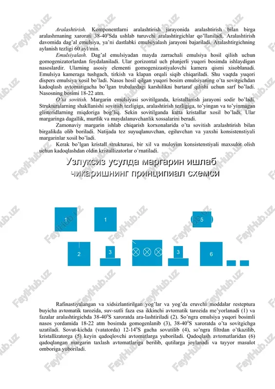 og’i - - - 7. bo’yoq 0.2 0.2 0.2 8. sut 12 8 16 9. emulgator 0.2 0.2 0.2 10. tuz 0.4 0.3 0.3 11. shakar 0.4 0.3 0.3 12. suv 6 8 2 ja’mi 100 100 100 shu jumladan yog’lilik, sut yog’i bilan birgalikda 82 82 82 kulinar yog’larining restepturasi komponentlar pechene uchun konditer yog’i o’simlik yog’i kulinar yog’i shark penorus 1. salomas ts 31-340s qattiq ligi 160-320 g/sm 73 70 65 35 2.mol yog’i 24 - - 30 3. qo’y yog’i - - 15 - 4.o’simlik moyi - 10 10 20 5. paxta palmitini - 20 10 15 6. fosfatid konstentrati 3 - - - ja’mi 100 100 100 100 sutni tayyorlash. sigir sutining tarkibi, % xisobida suv 87 - 89 gacha yog’ 3,0 – 6,0 oksillar 3,4 – 4,0 laktoza 4,0 – 5,5 mineral moddalar 0,6 – 0,8 sut oksili – bu sut albumini, sut globulinidir. oksilning …