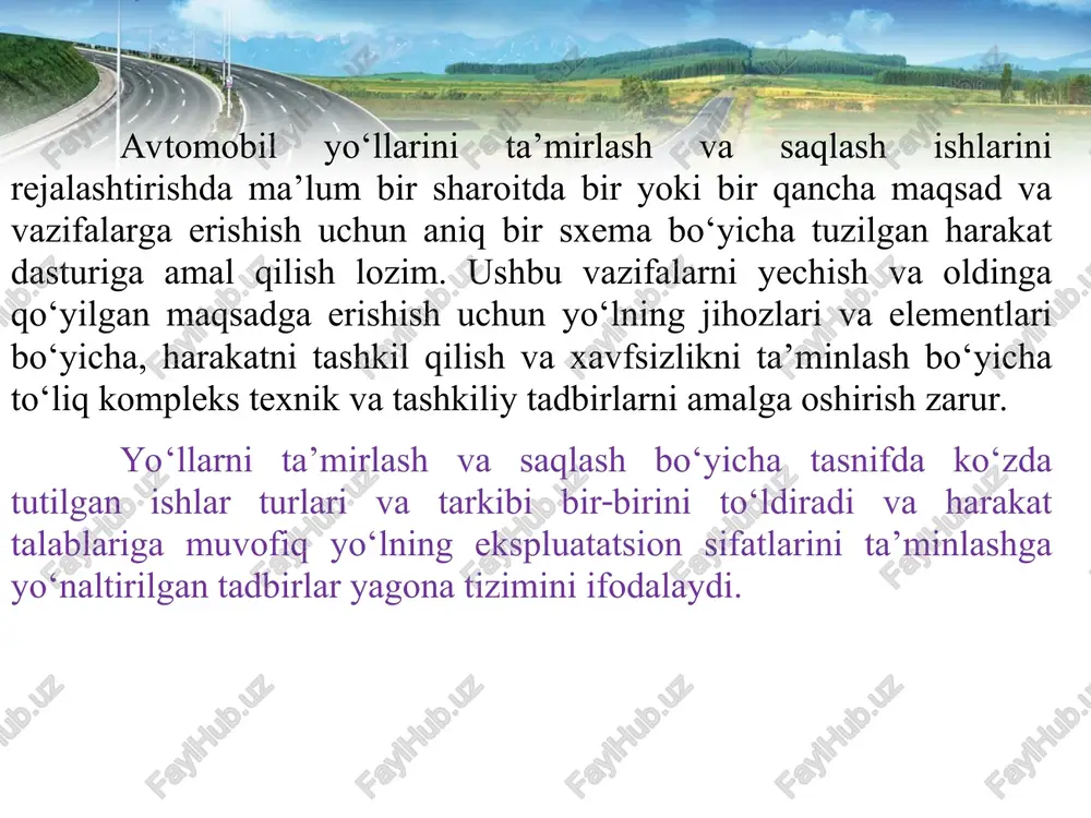 mobil yo‘llarini saqlash ishlarini tarkibini qanday? yo‘l qlplamasi va to‘shamasining xizmat qilishida ta’mirlashlar oraliq davri. 4. ta’mirlash ishlarini turlarini belgilashni qanday ko‘rsatkichlar asosida belgilanadi.