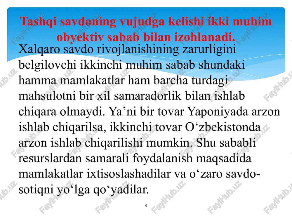b. olin, p.samuelson hamda v.stolperlar tomonidan to‘ldirilgan savdo konsepsiyasiga nafaqat mamlakatlar o‘rtasidagi o‘zaro foydali savdoni yo‘lga qo‘yish, balki mamlakatlar rivojlanishi o‘rtasidagi farqlarni kamaytirish vositasi sifatida ham qaraladi xalqaro savdoning zamonaviy nazariyalari 13 1.asosiy omillar: -zarur sifatga ega va yetarlicha miqdordagi ishlab chiqarish omillarinig mavjud bo‘lishi; -mamlakat ichida mazkur tarmoq mahsulotiga bo‘lgan talabning xususiyatlari, uning sifat va miqdor xarakteristikalari; -mamlakatda ushbu tarmoqqa yo‘ldosh va uni ta’minlab turuvchi, jahon bozorida raqobatbardosh bo‘lgan tarmoqlarning mavjudligi; -firmaning strategiyasi, shuningdek ichki bozordagi raqobat xarakteri m. porter o‘z tadqiqotlari natijasida mamlakat tarmoqlari va firmalarining raqobat ustun-ligini belgilovchi omillarni ikki guruhga bo‘ladi: 14 2.qo‘shimcha omillar: -tasodifiy hodisalar; -tashqi iqtisodiy faoliyat yurituvchi korxonalarni qo‘llab-quvvatlash bo‘yicha hukumat faoliyati. m. porter o‘z tadqiqotlari natijasida mamlakat tarmoqlari va firmalarining raqobat ustunligini belgilovchi omillarni ikki guruhga bo‘ladi: 15 mahsulot eksport qiluvchi korxonalarni qo‘llab-quvvatlash, mamlakat ichida qulay biznes muhitini yaratish, ishlab chiqarish va bozor infratuzilmasini rivojlantirish, bojxona bojlarining pasaytirilishi, subsidiyalar va imtiyozli kreditlar …