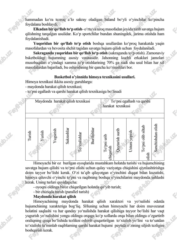 a xarakteriga qarab qo‘llaniladi. to‘pni ko‘krakdan ikki qo‘l bilan uzatish- nisbatan oddiy o‘yin paytida, raqibining ta’qibi bo‘shroq bo‘lganda, to‘pni yaqin va o‘rta masofadagi sherigiga aniq va tez yo‘naltirishga imkon beruvchi asosiy usuldir. to‘pni yuqoridan ikki qo‘llab uzatish. yuqoridan ikki qo‘llab uzatishdan ko‘proq raqib zich himoya qilayotgan paytda o‘rtacha masofalardan foydalaniladi. to‘pni pastdan ikki qo‘llab uzatish. to‘pni ikki qo‘llab pastdan uzatish tizzadan pastga ilib oldinga yoki maydondan olinayotganda va pozitsiyani almashtirishga vaqt bo‘lmaganda 4- 6 metr masofada qo‘llaniladi. to‘pni elkadan bir qo‘llab uzatish. to‘pni elkadan bir qo‘llab uzatish to‘pni yaqin va urta masofaga uzatishda qo‘llaniladigan usuldir. bunday uzatish uchun eng oz vaqt ketadi va to‘pni yaxshi nazorat qilinadi. bosh ustidan yoki tepasidan to‘pni bir qo‘llab uzatish: qarshi hujumga o‘tgan sherigiga to‘pni tezroq butun maydon bo‘ylab 10- 25 metrgacha yo‘naltirishga imkon beradi. yuqoridan bir qo‘llab (“ilgak” usuli bilan) to‘pni uzatish qattiq ta’qib qilinayotgan raqibning ko‘tarilgan qo‘llari ustidan to‘pni o‘rta va ayniqsa uzoq …