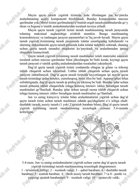 ktsiyasi va tanlangan jarayon parametrlari to’liq javob beradi. mayin qayta tarash yigirish tizimiining tarash jarayonida tolalar uzunligining kaltalanishi va ularning shikastlanishi qayta tarash piltasida kalta tolalar tarkibini oshiradi, shuning uchun qayta tarash tarandisi miqdorini ko‘paytiradi va aralashmadan ipning chiqishini kamaytiradi. qayta tarash yigirish tizimining tarash mashinalari tolali materialni samarali tozalash uchun maxsus qurilmalar bilan jihozlangan bo‘lishi kerak; keyingi qayta tarash jarayoni o‘simlik qoldiq aralashmalaridan tozalashni yakunlaydi. dag‘al qayta tarash yigirish tizimi yordamida olingan ip gilam va trikotaj ishlab chiqarish uchun ishlatiladi. ushbu ishlab chiqarish uchun qayta tarash jarayoni ishlatilmaydi. dag‘al qayta tarash tizimida tayyorlangan ipi mayin qayta tarash tizimidagi ipdan notekis, yumshoqroq, biroz iflos bo‘ladi. apparat iplari bilan solishtirganda, dag‘al qayta tarash ip pishiq va tekisroq bo’ladi. bunday iplar uchun tarash piltasini ishlab chiqarishda tolaga kamroq intensiv ishlov beradigan tarash mashinalari qo‘llaniladi. bunday iplar uchun taroqli tasma ishlab chiqarish uchun tolaga kamroq intensiv ishlov beradigan tarash mashinalari qo‘llaniladi. jun va …