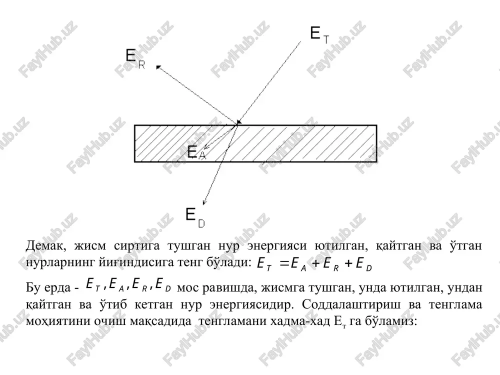,67 10-8 vt/m2 k - absolyut qora jismning nurlash doimiysi. demak, absolyut qora jismning birlik yuzadan vaqt birligi ichida nur tarqatish' qobiliyati absolyut temperaturaning to'rtinchi darajasiga mutanosib. bu qonu-niyatni 1879 yili i.stefan tajriba yo'li bilan topgan va 1884 yili a.boltsman nazariy jihatdan isbotlab bergan. jismning nurlanish oqimining haqiqiy integrallangan sirt zichligini(e), absolyut qora jism sirt zichligiga(e0) nisbati issiqlikni nurlash koeffitsienti deyiladi ε: ε=e/e0 issiqlik nurlash koeffitsientini qo'llab stefan-boltsman qonunini real jism uchun quyidagicha yozish mumkin: e=εe0=εc0(t/100)4=c(t/100)4 bunda s – kulrang jismning nurlanish xususiyati. vt/m2 k4 -absolyut qora jismning nur tarqatish qobiliyati. g. kirxgof qonuni absolyut qora va kulrang jismlarning issiqlik nurlarini yutish va tarqatish xossalari orasidagi bog'lanishni g.kirxgof 1882 yili o'rganib, quyidagi qonuniyati ochgan: bunda - absolyut qora jismning nur tarqatish qobiliyati. jismning nurlash xususiyatning nur yutish qobiltiga nisbati jism tabiatiga bog'liq emas va barcha jismllrniig uchun temperatura funktsiyasidir; jisminng nur chiqarish qobiliyati absolyut qora jismnipg shu temperaturadagi nur chiqarish …