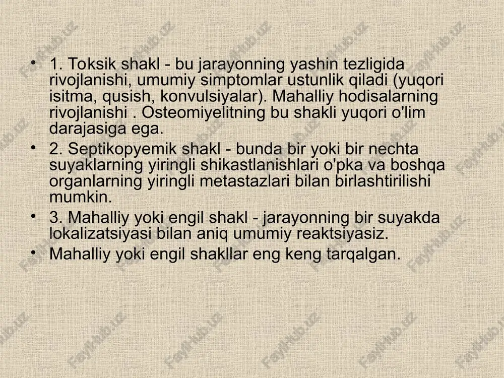 ishi proliferativ o'zgarishlarning ko'payishida namoyon bo'ladi.kortikal qatlam siqiladi, suyak qalinlashadi, yallig'lanishli giperostoz rivojlanadi. destruktiv o'choqlari skleroz joylari bilan o'ralgan, suyak qo'pol shaklida bo'ladi. osteomiyelit holati qanchalik surunkali bo'lsa, rentgenografiyada osteoskleroz shunchalik ko'p bo'ladi. gematogen osteomiyelit holatlarining 70-80 foizida destruktiv o'choqlari fonida sekvestrlar aniqlanadi. sekvestr-bu suyakning rad etilgan va qalinlashgan qismi bo'lib, sekvestr bo'shlig'ida joylashgan va sekvestr kapsulasi bilan o'ralgan. yiring va granulyatsiya o'sishi sekvestrni sog'lom to'qimalardan ajratib turadi, demarkatsiya milini hosil qiladi. rentgenogrammalarda sekvestr atrofdagi suyak to'qimalariga qaraganda zichroq soya beradi. demarkatsiya mili sekvestrni o'rab turgan suyak tuzilishidan yo’q bo'lgan chiziq shaklida ko’rinadi . umumiy sekvestrlar (butun diafizni egallashi mumkin) va qisman sekvestrlar mavjud bo’lishi mumkin . qisman sekvestrlashning uch turi mavjud: kortikal, markaziy va penetratsion. kortikal sekvestr kompakt moddaning tashqi plastinalaridan hosil bo'ladi, cho'zilgan segment shakliga ega, uning tashqi konturi silliq va aniq, ichki konturi korroziyalangan. markaziy sekvestr juda kam uchraydi. markaziy moddaning kompakt qisimlaridan rivojlanadi. uning tashqi konturi …