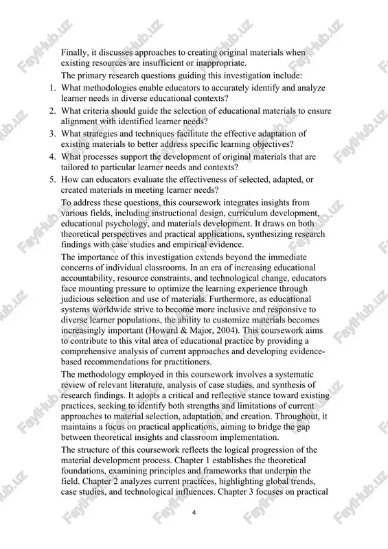 aterial development process. chapter 1 establishes the theoretical foundations, examining principles and frameworks that underpin the field. chapter 2 analyzes current practices, highlighting global trends, case studies, and technological influences. chapter 3 focuses on practical applications, providing methodologies, frameworks, and guidelines for practitioners. the conclusion synthesizes key findings and offers recommendations for both practice and further research. by exploring the complex interplay between learner needs and educational materials, this coursework aims to enhance understanding of a critical aspect of educational practice and contribute to more effective teaching and learning experiences. the aim of this coursework is to examine the complex process of aligning educational materials with learner needs. this involves investigating how to select, adapt, and create materials that effectively respond to diverse learning contexts, styles, and requirements. the main tasks of the coursework are as follows: 1. examining theoretical frameworks for understanding learner needs across different educational contexts 2. …