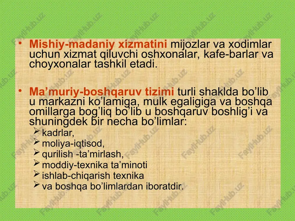 . mexnat jamoasini, xodimlarini boshqarish masalasiga kelsak uning ilmiy asoslari va amaliyoti bir-biri bilan bog’liq bo’lgan ikki jixatlarni: ijtimoiy-iqtisodiy va ijtimoiy ruxiy (psixologik) muammolarni o’z ichiga oladi. agar boshqarishni ijtimoiy-iqtisodiy tomoni: ishlab chiqarishni texnologiyasi va tashkil etilishi va shuningdek korxonalar tarkibini o’z ichiga olsa, ijtimoiy-ruxiy (psixologik) jixati • ishchilar va xodimlarning o’z vazifalarini bajarishidan qoniqishlari va shuningdek, samarali mehnat qilish mezonlarini o’z ichiga oladi. 3. ishchi va xodimlarni mexnat faolligi va mehnat qilish mezonlari ishchining (xodimning) mehnat faolligi ularning ishga, o’z vazifasini bajarishga ma’suliyat bilan qarashi, g’ayrat va ko’tarinki rux bilan mehnat qilish va yakunlashishini bildiradi. ishchining (xodimning) faolligi uning o’z mehnati natijalaridan qanchalik manfaatdor ekanligiga, ya’ni mehnat qilish mezonlariga bog’liqdir. mexnat qilish mezonlaridan esa har bir ishchi, xodimning shaxsiy manfaatlari bilan korxona yoki firmaning manfaatlarini uyg’unlashishiga xizmat qiliuvchi, ularning mehnatga bo’lgan munosabatlarini belgilovchi, ishtiyoq, ko’tarinki rux, xatto shavq-zavq bilan ishlashga undovchi moddiy, ma’naviy, ruxiy (psixologik) va insoniy omillardir. mehnat …