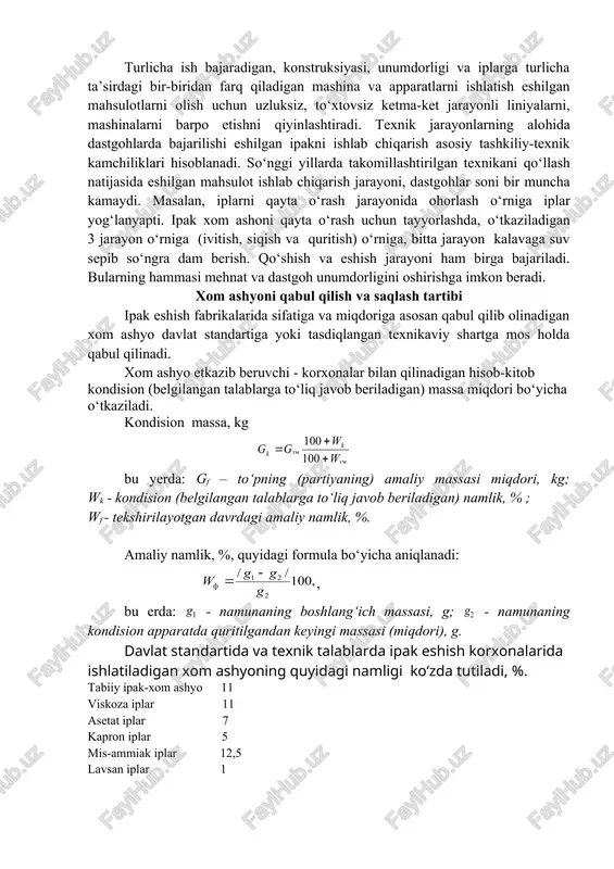 gan ipak ishlab chiqarish korxonalarida asosan mexanik jarayonlar amalga oshiriladi, binobarin, bunda ayrim jarayonlar iplarga turli emulsiyalar, harorat va namlik ta’sir ettirish yo‘li bilan olib boriladigan kimyoviy ishlov berish bilan monand holda, birga bajariladi. 8.1- jadval eshilgan iplarni ishlab chiqarishda texnologik jarayonlar ketma-ketligi bosqich texnologik jarayon dastgohlar 1. xom ipak iplarni qayta o‘rashga tayyorlash xom ashyoni saralash va partiyalarga yig‘ish. ipak xom ashyoni ivitish, suvini siqish. ipak xom ashyoni ohista titib tolasini bir biridan ajratish. quritish. qora ekranlar, saralash stollari, kalavani osish uchun yog’och ilgichlar (givillar). 2. iplarni qayta o‘rash va ularni eshishga tayyorlash kalava, kulich va bobinadagi g‘altakka qayta o‘rash. bir necha ipni eshmasdan yoki eshib birlashtirish, qo‘shish. qayta o‘rash mashinalari, dastgohlari. qo‘shish va qo‘shib eshish mashinalari. 3. eshish, pishitish. eshish, pishitish. ip eshish, pishitish mashinalari. 4. eshishni mustahkamlash. bug‘lash yoki xo‘llash bug‘lash mashinalari 5. qayta o‘rash qayta o‘rash o‘rash, qayta o‘rash va bobinaj mashinalari 6. nazorat va saralash …