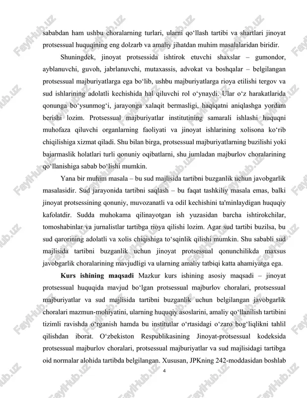 tilxat olish, garov, protsessual majburiyatlar kabi choralarning turi, mazmuni va qo‘llanilish asoslari ko‘rsatib o‘tilgan. shuningdek, jinoyat-protsessual kodeksining 127-moddasida protsess ishtirokchilarining majburiyatlari, 113-moddasida esa sud majlisida tartibni saqlashga doir normalar yoritilgan. bu esa ushbu mavzuning qonunchilikdagi asoslarini o‘rganish, uni tahlil qilish va amaliyotdagi muammolarni aniqlab, ularni bartaraf etish yo‘llarini ishlab chiqish lozimligini anglatadi. kurs ishi quyidagi vazifalarni amalga oshirishni o‘z oldiga maqsad qilib qo‘yadi: 1. protsessual majburlov choralari tushunchasi va ularning jinoyat protsessidagi ahamiyatini aniqlash; 2. jinoyat protsessida ishtirok etuvchi shaxslarning protsessual majburiyatlarini tahlil qilish va ularning huquqiy asoslarini o‘rganish; 3. sud majlisida tartibni buzganlik holatlari bo‘yicha qonunchilik normalarini o‘rganish va ularning amaliy qo‘llanishini baholash; 4. protsessual majburlov choralari va majburiyatlar o‘rtasidagi o‘zaro bog‘liqlikni aniqlash; 5. amaliyotda uchrayotgan muammolarni aniqlab, ularni bartaraf etish bo‘yicha qonunchilikni takomillashtirish bo‘yicha takliflar ishlab chiqish. ushbu kurs ishi davomida jinoyat protsessual huquq bo‘yicha darsliklar, o‘zbekiston respublikasining amaldagi qonun hujjatlari, oliy sud qarorlari va huquqshunos olimlarning ilmiy …