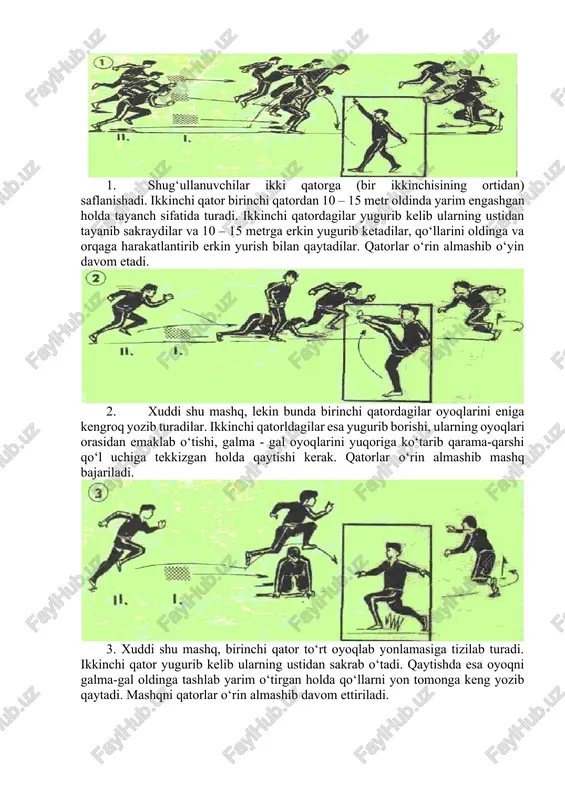 l etilgan mashg’ulotlar (darsda, yig’ilishlarda, dam olish oromgoxlarida o’tkaziladigan mashg’ulotlarda, sport maktabida) 20-40 ta harakatli o’yinlar o’tkaziladi. katta bayramlarda kechalarda va bolalar ko’p to’plangan ommaviy sayillarda 100-300 o’yin qatnashchilariga mo’ljalangan ommaviy harakatli o’yinlardan foydalanish mumkin. o’yinni tanlashda albatta o’tkaziladigan mashg’o’lotni shaklini xisobga olish shart (darsda, tanaffusda, zvenolar, bayramlarda, sayrlarda). darsda va tanaffusda vaqt chegarlangan bo’ladi; o’yin mazmuni va vazifasi dasrdagiga ko’ra, tanaffusda boshqacha bo’ladi; bayramlarda ayniqsa ommaviy va attraksion o’yinlaridan foydalaniladi bu o’yinlarda har xil yoshdagi bolalar va turli tayyorgarlikdagi bolalar qatnashishlari mumkin. o’yinni tanlash va o’tkazish to’g’ridan-to’gri uni joyiga bog’liq bo’ladi. unga katta bo’lmagan tor zalda, maydonchada yoki yo’lakchada o’yin bir chiziqqa saflangan xolda o’tkaziladi, u o’yinda o’ynaydiganlar navbatma-navbat qatnashadilar. katta zalda yoki maydonchada tarqalib yugurish katta va kichik koptoklarni uloqtirish va sport o’yinlari elementlari bilan o’ynaladigan o’yinlarni o’tkazish mumkin. shahardan tashqariga sayrga va ekskursiyaga chiqqan vaqtida joylarda o’tkaziladigan o’yinlardan foydalaniladi. qishda maydonchada qishki o’yinlar chang’ida, konkida, chinada va …