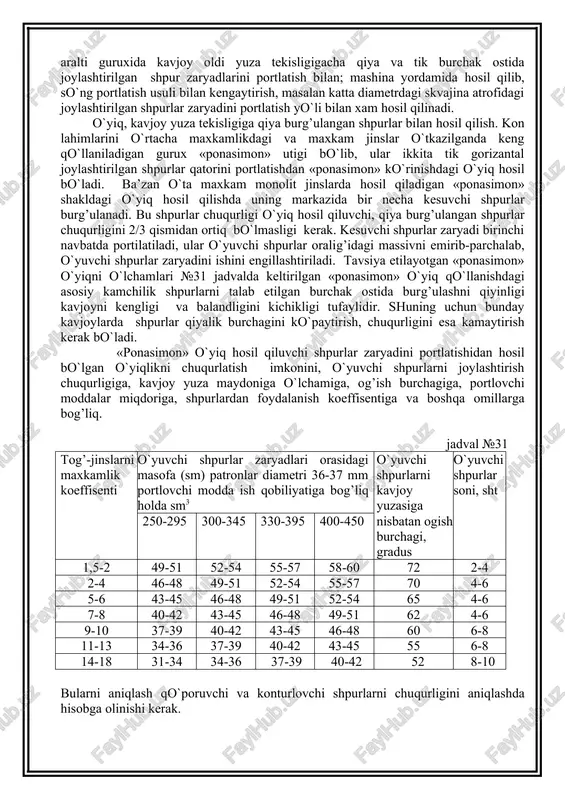 i kerak. o`yiqlarni quyidagi guruxlarga ajratish mumkin; kavjoy oldi yuza tekisligi to`g’ri burchak ostida joylashtirilgan shpurlar zaryadini portlatish bilan hosil qilish, aralti guruxida kavjoy oldi yuza tekisligigacha qiya va tik burchak ostida joylashtirilgan shpur zaryadlarini portlatish bilan; mashina yordamida hosil qilib, so`ng portlatish usuli bilan kengaytirish, masalan katta diametrdagi skvajina atrofidagi joylashtirilgan shpurlar zaryadini portlatish yo`li bilan xam hosil qilinadi. o`yiq, kavjoy yuza tekisligiga qiya burg’ulangan shpurlar bilan hosil qilish. kon lahimlarini o`rtacha maxkamlikdagi va maxkam jinslar o`tkazilganda keng qo`llaniladigan gurux «ponasimon» utigi bo`lib, ular ikkita tik gorizantal joylashtirilgan shpurlar qatorini portlatishdan «ponasimon» ko`rinishdagi o`yiq hosil bo`ladi. ba’zan o`ta maxkam monolit jinslarda hosil qiladigan «ponasimon» shakldagi o`yiq hosil qilishda uning markazida bir necha kesuvchi shpurlar burg’ulanadi. bu shpurlar chuqurligi o`yiq hosil qiluvchi, qiya burg’ulangan shpurlar chuqurligini 2/3 qismidan ortiq bo`lmasligi kerak. kesuvchi shpurlar zaryadi birinchi navbatda portilatiladi, ular o`yuvchi shpurlar oralig’idagi massivni emirib-parchalab, o`yuvchi shpurlar zaryadini ishini engillashtiriladi. tavsiya etilayotgan …