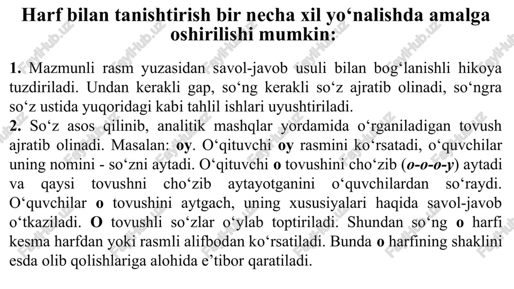 chun o‘qishning zarurligini anglaydi. shuning uchun ongli o‘qishni ta’minlashda matn bilan unga ishlangan mazmunli rasmlar o‘rtasidagi bog‘lanishlarni aniqlashtirishga, matn yuzasidan savollar berishga diqqatni qaratish lozim. 1. rasmni kuzating, matnda nima haqida gap boradi? 2. rasmda nima tasvirlangan? rasm bilan matn orasida bog‘lanish bormi? 3. matn mazmunini rasmga qarab so‘zlab bering. 4. bolalar qayerga bordilar? qizning ismi nima? bolaning ismichi? 5. ali, lola nima qildi? ular qanday lolalar terdilar? demak, o‘qish o‘qilganlarni o‘zlashtirishga yo‘naltirilgan bo‘lishi lozim, shundagina matndagi asosiy fikr, ilgari surilayotgan g‘oya o‘quvchilar tomonidan o‘zlashtiriladi, so‘z va matnlar yod olingan taqdirda ham o‘quvchiniki bo‘lib qoladi. bunda quyidagicha savol va topshiriqlardan foydalanish mumkin: savod o‘rgatishning birinchi kunlaridanoq o‘qish ongli bo‘lishi, bolalarni ongli o‘qishga o‘rgatish juda muhim. so‘roqlar yordamida o‘qilganlarni bola qanday tushungani aniqlanadi, tekshiriladi. o‘qishdan oldin o‘tkazilgan tayyorlov suhbati ham, o‘qilgan matn yuzasidan o‘tkazilgan suhbat ham shu maqsadga - ongli o‘qishga xizmat qiladi. sharoitga qarab, bolalarga nimanidir o‘qishni talab qiladigan muammoli …