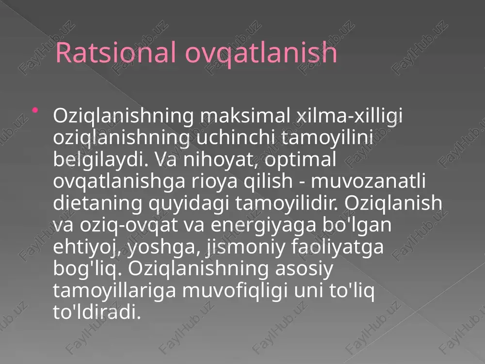 di, uning vazifasi xlorid kislotasi bilan amalga oshiriladi. oshqozon parietal hujayralari b12 vitamini so’rilishi uchun zarur bo'lgan qal'aning ichki omilini ham sir saqlaydi. ingichka ichak pilorik sfinkter orqali oziq-ovqat ingichka ichakka kiradi. ingichka ichakning birinchi qismi oziq-ovqat safro bilan aralashtirilgan o'n ikki barmoqli ichakdir. u yog'larni emdiradigan oshqozon va ingichka ichak fermentlari orqali uglevodlarni (maltoz, laktoza, sukroz), oqsillarni (tripsin va ximotripsin) parchalaydi. ingichka ichakda oziqalar va vitaminlarning asosiy miqdori ichak devori orqali so'riladi. yo’g’on ichak ingichka ichakdan o'tgandan so'ng oziq-ovqat yo’g’on ichakka kiradi, ular ko'r, yo'g'on ichak, sigmasimon va rektumdan iborat. bu yerda suv va elektrolitlarning so’rilishi, axlat massalarning shakllanishi kechadi. hazm qilishning boshqarilishi inson hazm qilish psixofiziologik jarayondir. bu oshqozon-ichak trakti va oziq-ovqat sifati gormoral qobiliyatini reaksiyalar ketma-ketligi va tezligiga ta'sir qilishini anglatadi. oshqozon va ingichka ichak shilliq qavati hujayralari tomonidan ishlab chiqariladigan gormonlar oqibatida ovqat hazm bo'lishiga ta'sir qiluvchi humoral qobiliyat. asosiy hazm qilish gormonlari gastrin, sirti va …