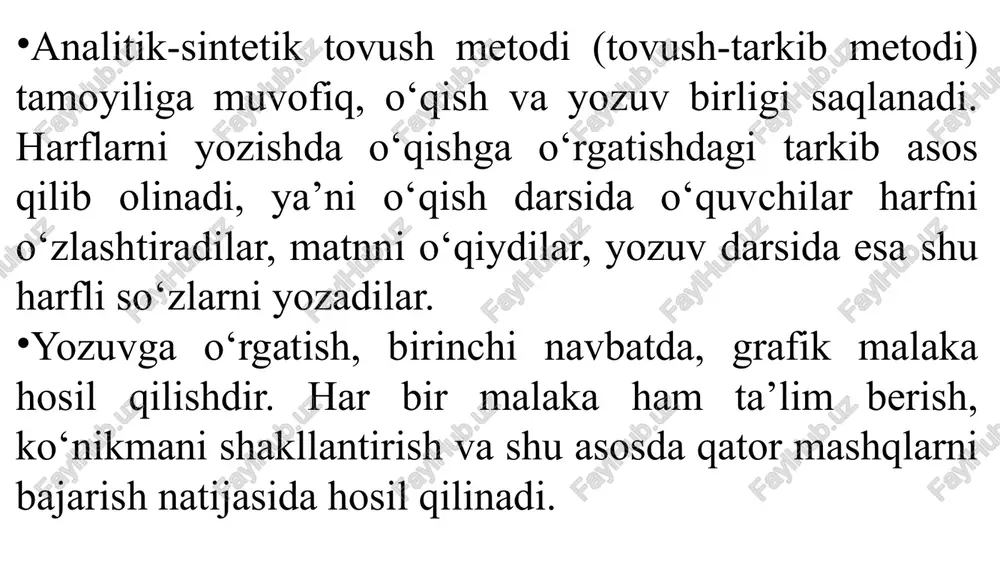 65˚ qiyalikda yozishni, buning uchun daftar parta ustiga 25˚ qiyalikda qo‘yilishini ta’kidlab turadi. analitik-sintetik tovush metodi (tovush-tarkib metodi) tamoyiliga muvofiq, o‘qish va yozuv birligi saqlanadi. harflarni yozishda o‘qishga o‘rgatishdagi tarkib asos qilib olinadi, ya’ni o‘qish darsida o‘quvchilar harfni o‘zlashtiradilar, matnni o‘qiydilar, yozuv darsida esa shu harfli so‘zni yozadilar. yozuvga o‘rgatish, birinchi navbatda, grafik malaka hosil qilishdir. har bir malaka ham ta’lim berish, ko‘nikmani shakllan– tirish va shu asosda qator mashqlarni bajarish natijasida hosil qilinadi. grafik malaka, birinchidan, qo‘l-harakat malakasidir, bu harakat birinchi qarashda muskul kuchiga asoslanadi. ikkinchidan, yozuv jarayonida nutqning o‘zlashtirilgan birligi bo‘lgan tovush grafik belgilarga, ya’ni harfga tarjima qilinadi. bu yozuvga ongli faoliyat tusini beradi. yozuvning ongliligi, birinchidan, tovush va harfning to‘g‘ri nisbatini, ikkinchidan, bir qancha grafik va imloviy qoidalarga rioya qilishni, uchinchidan, o‘z fikrini, taassurotini, istaklarini ifodalashda yozuv malakasidan foydalanishni talab qiladi. yozishdan birdan-bir maqsad fikrni ifodalashda yozuv malaka– laridan foydalanish hisoblanadi. bu maqsadni bolalar tez anglab yetsalar, …