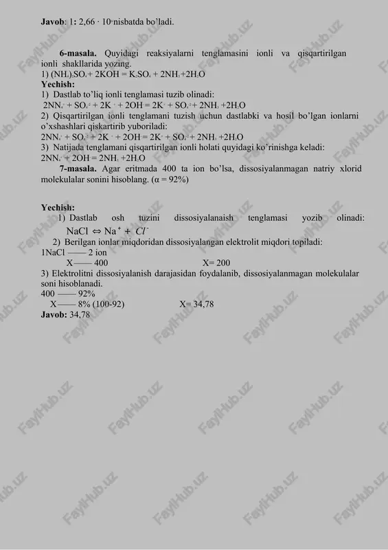 l —— 2 ion x —— 400 x= 200 3) elektrolitni dissosiyalanish darajasidan foydalanib, dissosiyalanmagan molekulalar soni hisoblanadi. 400 —— 92% x —— 8% (100-92) x= 34,78 javob: 34,78