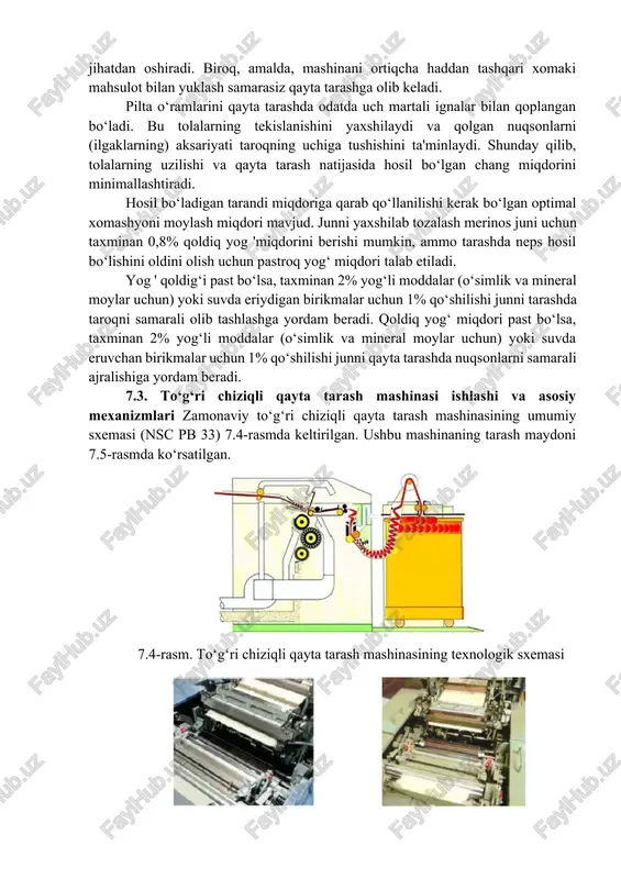 di va tarandi miqdori ushbu nazariy sabablarga ko‘ra kutilganidan ko‘proqdir. tarandini uzunligini o‘rnatish uchun mumkin bo‘lgan eng kichik masofa taxminan 20 mm, shuning uchun 20 mm dan ortiq bo‘lmagan tolalar bilan tarandi ishlab chiqarish mumkin. junning ma'lum bir partiyasi uchun tarandi miqdorining ko‘payishi taramdagi uzun tolalar sonining deyarli chiziqli o‘sishiga, shuningdek, ko‘proq nepslar va o‘simlik qoldiqlarini olib tashlashga olib keladi. ammo kalta tolalar ulushi kamaygan bo‘lsa ham, taroqlangan piltaning o‘rtacha tola uzunligining ko‘payishi cheklangan. buning sababi, tarandi parametrini oshirish, odatda, tolaning uzilishi ehtimolini oshiradi. taroqlangan toza pilta (ya’ni nepsdan ozod bo‘lgan) va ishlab chiqarilgan tarandi miqdori o‘rtasida muvozanatga erishish kerak. agar maksimal toza pilta va minimal tarandini ajratib tashlash talab etilsa, taminlash uzunligi va tarandini ajratishni rostlash ya’ni qisqartirish kerak, natijada samaradorlik kamayadi. taroqli barabancha ignalari tomonidan tarab ajratilgan kalta tolalar, chang va o‘simlik qoldiqlarini aylana cho‘tka yordamida ajratiladi (7.6-rasmda ko‘rsatilganidek) va ularni ustki qismi tarash garniturasi qoplangan ajratuvchi valiklar …
