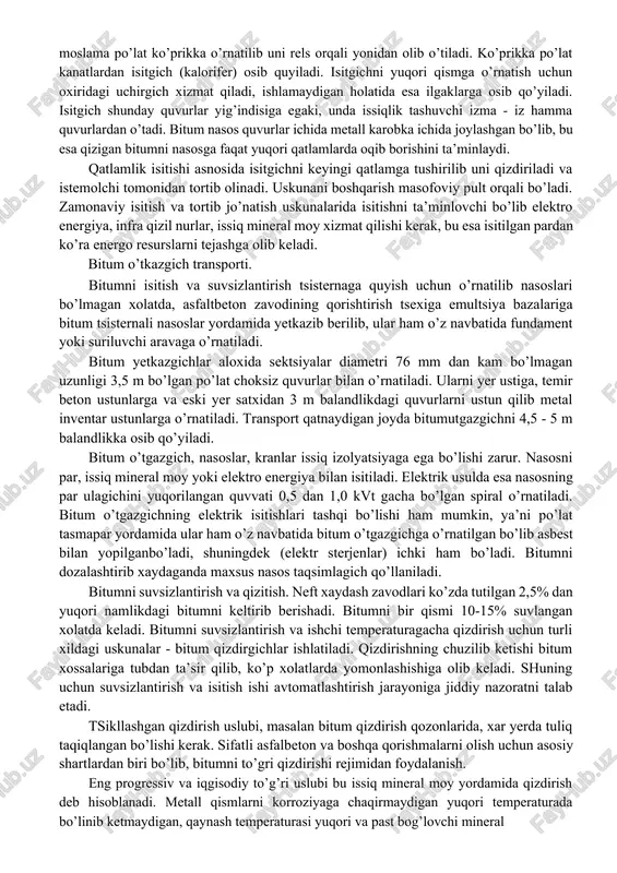 nasosda tortib olish agregati) 1- siljituvchi mexanizm; 2- arava; 3- boshtsaruv pulti; 4- gidro tortgich; 5-isitishni tortish va tushirish lebedkasi; 6- bitum pari o’tkazgich; 7- magistral’ bitum o’tkazgich; 8- egiluvchan temir kulqop; 9- kondensatni chetga chiqarish; 10-isitgichli uchsharnerli bitum o’tkazgich; 11- tokli yurgizgich; 12- par o’tkazgichni tashib keltirish; 13-kaloriferning trubkali registrlar paketi; 14-korob. bitumni isitish uchun bitum omborlarida issiq mineral yog’, elektro — energiya va pardan foydalaniladi. foydalanishga eng qulay deb zavodda ishlab chiqilgan isitish moslamasi bor bitum saqlagichlar deb e’tirof etiladi. yer osti omborlarida isituvchi - tortib oluvchi moslama ishlatilib, kaysiki qatlamli isitib bitumni nasos orqali bitum mashinalari, avtog’udronator abz bitum tsexlariga quyib beradi. portal kran tipidagi moslama po’lat ko’prikka o’rnatilib uni rels orqali yonidan olib o’tiladi. ko’prikka po’lat kanatlardan isitgich (kalorifer) osib quyiladi. isitgichni yuqori qismga o’rnatish uchun oxiridagi uchirgich xizmat qiladi, ishlamaydigan holatida esa ilgaklarga osib qo’yiladi. isitgich shunday quvurlar yig’indisiga egaki, unda issiqlik tashuvchi izma - …
