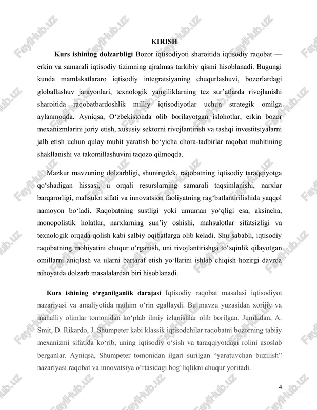 asos bo‘lib xizmat qilishi mumkin. shu sababli, ushbu mavzuni o‘rganish nafaqat nazariy, balki amaliy jihatdan ham muhim hisoblanadi. kurs ishining maqsadi mazkur kurs ishining maqsadi — iqtisodiy raqobatning mohiyatini, uning bozor iqtisodiyotidagi o‘rnini hamda samaradorlikka ta’sirini o‘rganishdan iborat. shu bilan birga, o‘zbekiston sharoitida raqobat muhitining rivojlanish holatini tahlil qilish va uni takomillashtirish bo‘yicha amaliy tavsiyalar ishlab chiqish ham ushbu ishning asosiy maqsadidir. kurs ishining vazifalari · iqtisodiy raqobat tushunchasining nazariy asoslarini yoritish. · raqobatning iqtisodiyotdagi asosiy funksiyalarini aniqlash. · o‘zbekiston iqtisodiyotida raqobat muhitining holatini tahlil qilish. · raqobatni rivojlantirishga to‘sqinlik qilayotgan muammolarni ko‘rsatish. · raqobatni kuchaytirish bo‘yicha taklif va tavsiyalar ishlab chiqish. kurs ishining obyekt: ushbu kurs ishining obyekti — bozor iqtisodiyoti sharoitida faoliyat yuritayotgan xo‘jalik yurituvchi subyektlar o‘rtasidagi raqobat munosabatlaridir. kurs ishining tuzilishi :kurs ishi kirish, ikki asosiy bob, xulosa va foydalanilgan adabiyotlar ro‘yxatidan iborat. 1-bob.iqtisodiy raqobat mohiyati, uni amalga oshirish zarurati 1.1. ta'rifi: iqtisodiy raqobat — bu bozor …