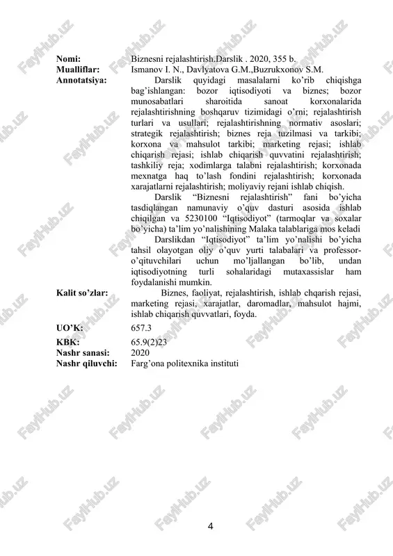 a qisqacha xulosa 24 bilimlarni tekshirish va mustahkamlash uchun savollar 25 mavzuga tegishli test savollari 25 ii bob. bozor iqtisodiyoti sharoitida rejalashtirish va bashoratlash 2.1. korxona faoliyatida rejalashtirishning o’rni va ahamiyati 29 2.2. rejalashtirishning maqsadi va vazifalari 32 2.3. rejalashtirish tamoyilari 37 mavzu bo’yicha qisqacha xulosa 43 bilimlarni tekshirish va mustahkamlash uchun savollar 43 mavzuga tegishli test savollari 44 iii bob. rejalashtirish turlari va usullari 3.1. rejalashtirish turlari 47 3.2. ichki ishlab chiqarishni rejalashtirish usullari 51 mavzu bo’yicha qisqacha xulosa 53 bilimlarni tekshirish va mustahkamlash uchun savollar 54 mavzuga tegishli test savollari 54 iv bob. rejalashtirishning normativ asoslari 4.1. normalashtirish tushunchasi va uning asoslari 4.2. me’yor turlari klassifikatsiyasi. 58 61 4.3. rejalashtirishning umumiy va xususiy, sifat va miqdor ko’rsatkichlari 65 mavzu bo’yicha qisqacha xulosa 66 bilimlarni tekshirish va mustahkamlash uchun savollar 67 mavzuga tegishli test savollari 67 v bob. korxona faoliyatida biznes rejalashtirish 5.1. korxona rejalashtirishning ob’ekti sifatida 5.2. korxona …