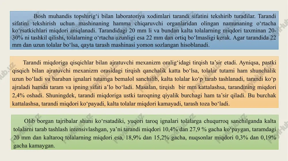bo’yicha ko‘rsatkichlar 2.12-jadva keltirilgan. 2.12-jadval taroqli baraban ustki taroq bilan yoki ustki taroqsiz tarandidagi nuqsonlar soni nuqsonlar nomi 1 g xolstchadagi miqdori, donada taroqli baraban va ustki taroq (tarandi miqdori16%) taroqli baraban (tarandi miqdori16%) tarab olinganida, % 1 g taramda qolgani, donada tarab olinganida, % 1 g taramda qolgani, donada tugunak 141 45,8 91 36,47 100 chigit po’stli tola 49 84,57 9 55,92 24 iflosliklar 19 64,63 8 52,63 10 jami 209 55,60 108 42,29 134 pilta va xolstcha notekisligini aniqlash xolstcha notekisligini qayta taralgan piltaning notekisligini tarash mashinasidan olingan pilta notekisligi kabi tekshiriladi. tekshirish odatda o‘rta va kapital ta’mirlashdan so‘ng tekshiriladi. undan tashqari har oyda 2 marotaba tarandi miqdori bilan bir vaqtda tekshiriladi. xolstchaning chiziqiy zichligi - haftada bir marotaba tekshiriladi. agar yigirish rejasi o‘zgarsa ham tekshiriladi. xolstchaning og‘irligi - yangi saralanma ishga tushirilganda, yigirish rejasi o‘zgarganda va texnologik jarayon to‘liq tekshirilganda. xolstchani qayta tarashga tayyorlashda mashinaning parametrlarini tanlashda …