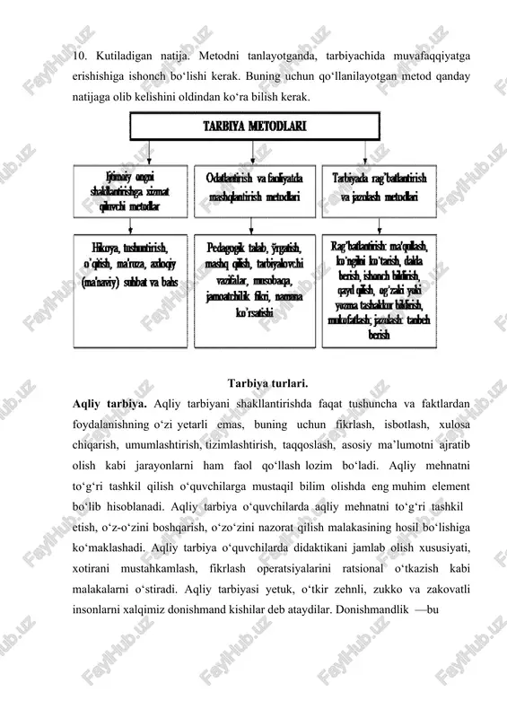 muvafaqqiyatga erishishiga ishonch bo‘lishi kerak. buning uchun qo‘llanilayotgan metod qanday natijaga olib kelishini oldindan ko‘ra bilish kerak. tarbiya turlari. aqliy tarbiya. aqliy tarbiyani shakllantirishda faqat tushuncha va faktlardan foydalanishning o‘zi yetarli emas, buning uchun fikrlash, isbotlash, xulosa chiqarish, umumlashtirish, tizimlashtirish, taqqoslash, asosiy ma’lumotni ajratib olish kabi jarayonlarni ham faol qo‘llash lozim bo‘ladi. aqliy mehnatni to‘g‘ri tashkil qilish o‘quvchilarga mustaqil bilim olishda eng muhim element bo‘lib hisoblanadi. aqliy tarbiya o‘quvchilarda aqliy mehnatni to‘g‘ri tashkil etish, o‘z-o‘zini boshqarish, o‘zo‘zini nazorat qilish malakasining hosil bo‘lishiga ko‘maklashadi. aqliy tarbiya o‘quvchilarda didaktikani jamlab olish xususiyati, xotirani mustahkamlash, fikrlash operatsiyalarini ratsional o‘tkazish kabi malakalarni o‘stiradi. aqliy tarbiyasi yetuk, o‘tkir zehnli, zukko va zakovatli insonlarni xalqimiz donishmand kishilar deb ataydilar. donishmandlik —bu donolik. donolik —bu insonning eng buyuk va oliyjanob fazilatidir. donolik noyob ne’matdirki, u har kimga ham nasib etavermaydi. shuning uchun bo‘lsa kerak, xalq donoligida „aql toji oltindan, oltin har kimda ham bo‘lmas“, deyiladi. axloqiy tarbiya. …