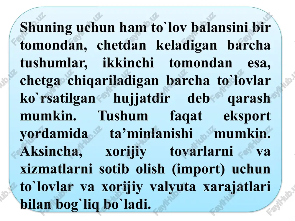 mayishidan) dalolat beradi. bu qoldiq «zahira aktivlari» moddasidan boshqa barcha moddalarni qamrab oladi. to`lov balansining tarkibiy qismlari o`rtasidagi bog`liqliklar y=c+i+g+xn y-c-g = c+i+g+xn-(c+g) sn = i+xn (i-s)+xn=0 (egiluvchan valyuta kursi rejimida markaziy bank aralashmagan sharoitda), bu erda: sn –milliy jamg`arish (i-s) – miqdori ichki investisiyalarning ichki jamg`armalardan ortiqchaligini ko`rsatadi va kapital harakati hisobi qoldig`ini bildiradi. asosiy makroiqtisodiy ayniyatga ko`ra joriy operasiyalar va kapital harakati hisoblari bir-biriga tenglashadi: x-m = xn=-(i-s)=s-i ichki balans bu shuni bildiradiki, to`lov balansining joriy operasiyalar bo`ycha kamomadi kapitalning sof oqib kelishi hisobiga moliyalashtiriladi. xn 0  i >s  xorijdan kapital kiritilishi. agarda investisiyalar (i) milliy jamg`armalardan ko`p bo`lsa (i > s), ortiqcha investisiyalar xorijdan olinadigan qarz hisobiga moliyalashtirilishi lozim. bu qarzlar mamlakatga tovar va xizmatlarni eksport qilishga nisbatan ko`proq import qilinishini taminlaydi (m>x). ya’ni, sof eksport manfiy qoldiqqa (xn 0  x-m>0  x>m; i-s<0  i<s  xorijga kapital chiqarilishi to`lov balansi holatiga baho …