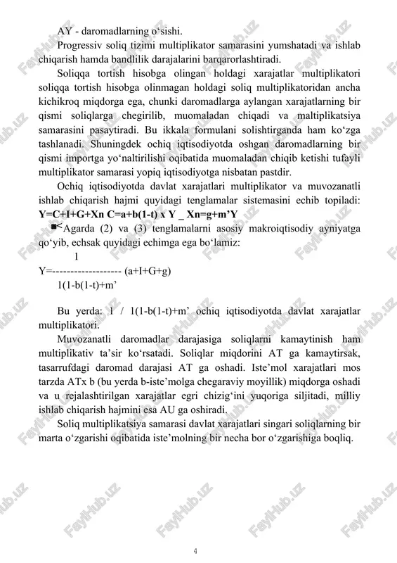 = ty - ko‘rinishni oladi. bu holatda iste’mol funksiyasi quyidagi ko‘rinishga ega bo‘ladi: c=a+b(y-ty)= a+b(1-t) y, soliq multiplikatori esa quyidagi ko‘rinishni oladi: -b mt = 1-b(1-t) bu yerda: mt - yopiq iqtisodiyot uchun soliq multiplikatori. to‘liq soliq funksiyasi t=ta+ty ko‘rinishga ega. ta - avtonom soliqlar (masalan, mulkka, erga soliqlar). to‘liq soliq funksiyasini e’tiborga olsak, iste’mol funksiyasi quyidagi ko‘rinishga ega bo‘ladi: c=a+b[y-(ta+ty)] iiste’mol funksiyasining ushbu shaklini hamda sof eksport funksiyasini hisobga olib ochiq iqtisodiyot uchun soliq multiplikatorini hisoblasak u -b mt = ko‘rinishini oladi. 1-b(1-t)+ m’ demak soliqlarni bir miqdorga kamaytirilishi yoki ko‘paytirilishi natijasida yaim hajmining bundan necha marta ko‘p miqdorga o‘zgarishi iste’molga chegaralangan moyillik, chegaraviy soliq stavkasiga va importga chegaralangan moyillik darajalariga bog‘liq ochiq iqtisodiyotda davlat xarajatlari multiplikatori va soliq multiplikatorini hisobga olganda muvozanatli ishlab chiqarish hajmi modeli quyidagicha bo‘ladi: 1 b y= (a+i+g+g) ta 1-b(1-t)+m’ 1-b(1-t) + m’ aytaylik hukumat o‘z xarajatlarini qandaydir miqdorga oshirdi va bu xarajatlarni moliyalashtirish …