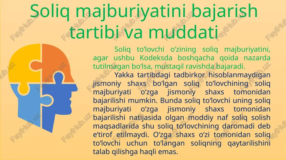 ul mablag‘lari, shu jumladan uning mol-mulkini realizatsiya qilishdan olingan pul mablag‘lari hisobidan tugatuvchi tomonidan bajariladi. agar tugatilayotgan yuridik shaxsning pul mablag‘lari, shu jumladan uning mol-mulkini realizatsiya qilishdan olingan pul mablag‘lari uning soliq qarzini to‘liq hajmda uzish uchun yetarli bo‘lmasa, to‘lanmay qolgan qarz mazkur yuridik shaxsning ishtirokchilari tomonidan qonunchilikda belgilangan miqdorda va tartibda uzilishi mumkin. yuridik shaxs tugatilayotganda soliq majburiyatini mazkur yuridik shaxsning boshqa kreditorlari bilan hisob-kitoblari o‘rtasida bajarish navbati fuqarolik qonunchiligi bilan belgilanadi. $ 12 tugatilayotgan yuridik shaxs tomonidan ortiqcha to‘langan yoki undan ortiqcha undirilgan soliqlar (penyalar, jarimalar) summalari soliq organi tomonidan ushbu kodeksda belgilangan tartibda boshqa soliqlar bo‘yicha soliq qarzini uzish hisobiga hisobga olinishi lozim. ortiqcha to‘langan yoki ortiqcha undirilgan soliqlarning (penyalarning, jarimalarning) hisobga olinishi lozim bo‘lgan summasi boshqa soliqlar bo‘yicha soliq qarziga mutanosib ravishda yoki tugatuvchining qaroriga binoan taqsimlanadi. tugatilayotgan yuridik shaxsning soliqlar bo‘yicha qarzi bo‘lmagan taqdirda, ortiqcha to‘langan yoki undan ortiqcha undirilgan soliqlar (penyalar, jarimalar) summasi shu …