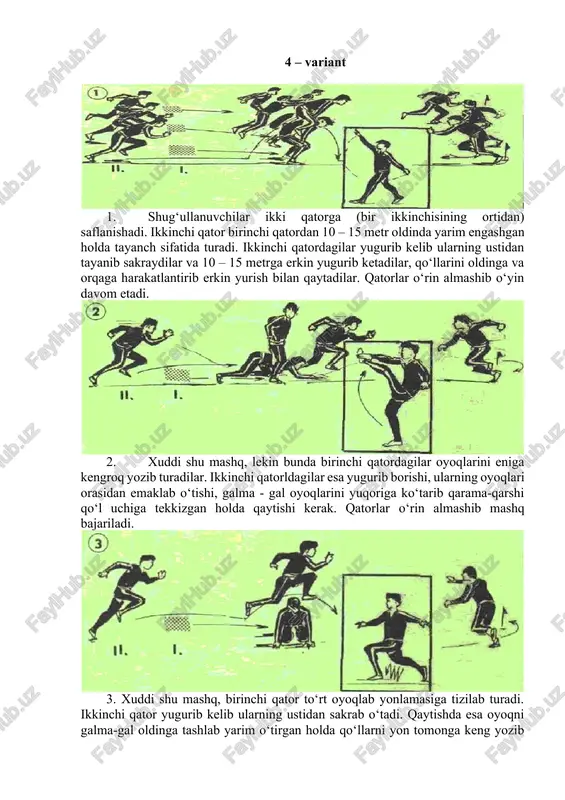 rda 100-300 o’yin qatnashchilariga mo’ljalangan ommaviy harakatli o’yinlardan foydalanish mumkin. o’yinni tanlashda albatta o’tkaziladigan mashg’o’lotni shaklini xisobga olish shart (darsda, tanaffusda, zvenolar, bayramlarda, sayrlarda). darsda va tanaffusda vaqt chegarlangan bo’ladi; o’yin mazmuni va vazifasi dasrdagiga ko’ra, tanaffusda boshqacha bo’ladi; bayramlarda ayniqsa ommaviy va attraksion o’yinlaridan foydalaniladi bu o’yinlarda har xil yoshdagi bolalar va turli tayyorgarlikdagi bolalar qatnashishlari mumkin. o’yinni tanlash va o’tkazish to’g’ridan-to’gri uni joyiga bog’liq bo’ladi. unga katta bo’lmagan tor zalda, maydonchada yoki yo’lakchada o’yin bir chiziqqa saflangan xolda o’tkaziladi, u o’yinda o’ynaydiganlar navbatma-navbat qatnashadilar. katta zalda yoki maydonchada tarqalib yugurish katta va kichik koptoklarni uloqtirish va sport o’yinlari elementlari bilan o’ynaladigan o’yinlarni o’tkazish mumkin. shahardan tashqariga sayrga va ekskursiyaga chiqqan vaqtida joylarda o’tkaziladigan o’yinlardan foydalaniladi. qishda maydonchada qishki o’yinlar chang’ida, konkida, chinada va qardan har xil shakllar qorqizlar yasash mumkin. ochiq xavoda o’yinni o’tkazishda obi-xavo sharoitini (ayniqsa qishda) xisobga olish zarur. agarda havo xarorati past bo’lsa bunday paytda …