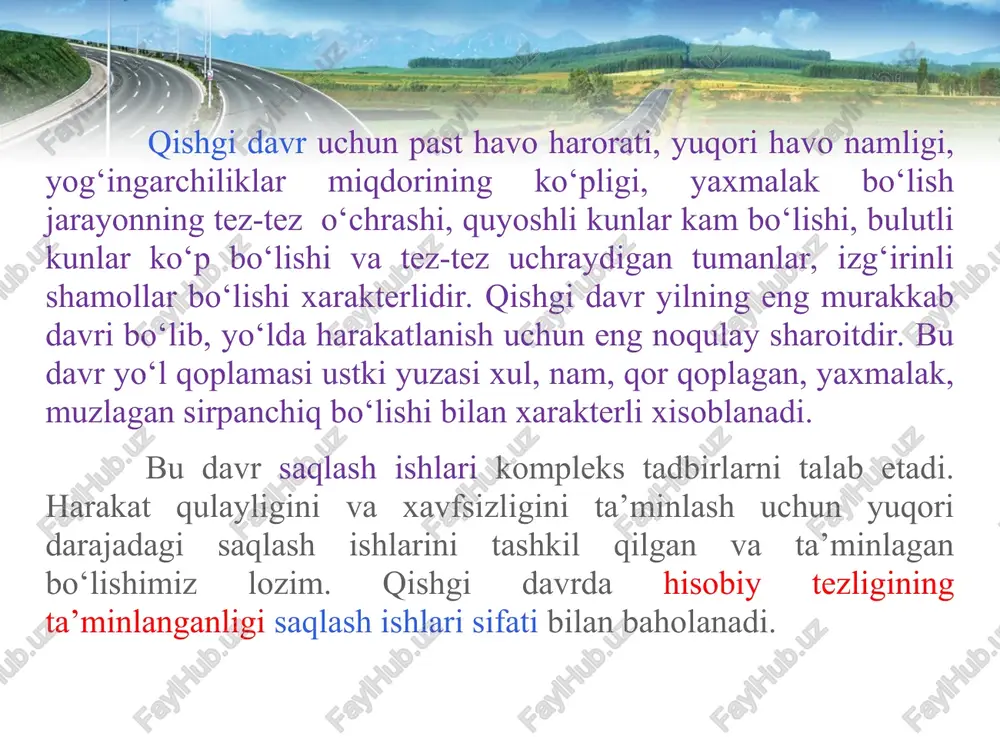 gan qor qalinligi 0,30 m gacha. -kuchaytirilgan qor tozalash (vallarni yuqotish, qor buron yotqiziqlarini tozalash va kichik qalinlikdagi qor uyumlarini tozalash, katta qalinlikdagi qor uyumlarini tozalash, qor kuchkilaridan tozalash.), qor tozalash tezligi 3-6 km/s, yig‘ishtirilayotgan qor qalinligi 0,30-1,0 m va undan katta. patrulli qor tozalashda mashinalar uzliksiz xarakatlanib, qordan yo‘lni to‘liq tozalamaguncha davom etadi. patrulli qor tozalashga qor yog‘ishi boshlangandan kirishiladi. qorni tez va zudlik bilan tozalash kerak. shunning uchun bu ishda faqat avtomobil qor tozalagichlardan foydalaniladi. -qor vallarini tozalashda rotorli qor tozalagichlar ishlatiladi. uning qor uloqtirgichi yordamida qor vallari yo‘ldan uzoqroqqa uloqtiriladi. bu ishda qisman avtogreyderlardan xam foydalanishimiz mumkin qaysiki qor valini bir yerga yig‘ishtirishda. -qor uyumlarini tozalashda qor tozalagich mashinalar kompleksidan foydalanamiz.