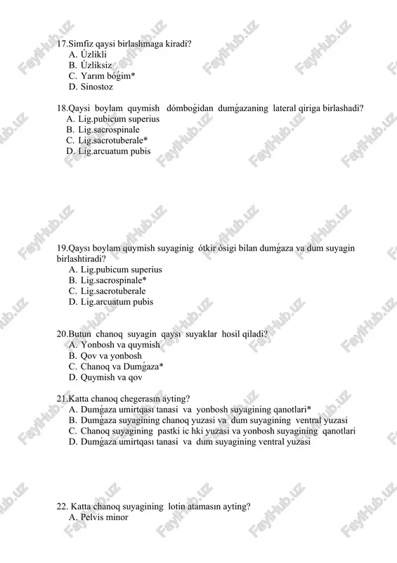 osasi óymasıda qanday boylam bor? a. lig.longitudinale acetabuli b. lig.interspinales acetabuli c. lig.transversus acetabuli* d. lig.intertrochanterica acetabuli 40.son suyagining boshchasin órab oluvchi eng yóǵon boylamni kórsating? a. lig.iliofemorale b. lig.pubofemorale c. zona orbicularis* d. zona transversus 41.qaysı boylam yonbosh suyagining oldingi pastki ótkir ósigidan boshlanib dómboǵlar ora chiziqga birlashadi? a. lig.iliofemorale* b. lig.pubofemorale c. zona orbicularis d. zona transversus 42.qaysı boylam qov suyagining yóqori shoxidan boshlanib chanoq son bóǵim kapsulasına birlashadi? a. lig.iliofemorale b. lig.pubofemorale* c. zona orbicularis d. zona transversus 43.qaysı boylam chanoq son bóǵim kapsulasining orqa medial qismin mustaxkamlab turadı? a. lig.iliofemorale b. lig.pubofemorale c. lig.ischiofemorale* d. lig.capitis femoris 44.qaysı boylam son suyagi boshchasidagi chuqurcha bilan quymish kosasining túbin birlashtirib turadı? a. lig.iliofemorale b. lig.pubofemorale c. lig.ischiofemorale d. lig.capitis femoris* 45.chanoq son bóǵimi shakli bóyicha qanday bóǵimǵa kiradi? a. urshıq tárizli b. shar tárizli c. vint tárizli d. keseshe tárizli* 47.tizza bóǵimi lotin atamasın ayting? a. art.pelvis b. …