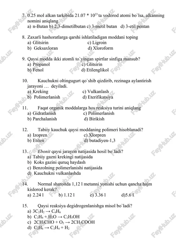 onomerlardan yirik massali moddalarning hosil bo`lish reaksiyasi … deyiladi c) kreking c) vulkanlash d) polimerlanish d) eterifikatsiya 11. faqat organik moddalarga hos reaksiya turini aniqlang c) gidratlanish c) polimerlanish d) parchalanish d) birikish 12. qaysi modda alkadiyenlar sinfiga kirmaydi? c) izopren c) xlorpren d) etilen d) butadiyen-1,3 13. ebonit qaysi jarayon natijasida hosil bo`ladi? e) tabiiy gazni krekingi natijasida f) koks gazini quruq haydash g) benzolning polimerlanishi natijasida h) kauchukni vulkanlashda 14. normal sharoitda 1,12 l metanni yonishi uchun qancha hajm kislorod kerak? b) 2.24 l b) 1.12 l c) 3.36 l d)5.6 l 15. qaysi reaksiya degidrogenlanishga misol bo`ladi? e) 3c2h2 → c6h6 f) c2h4 + h2o → c2h5oh g) 2ch3cho + o2 → 2ch3cooh h) c2h6 → c2h4 + h2 16. 129 g etilxlorid olish uchun qancha g etan talab etiladi? b) 30 g b) 40 g c) 50 g d) 60 g 17. qaysi formula 1,2-dimetil siklobutanga …